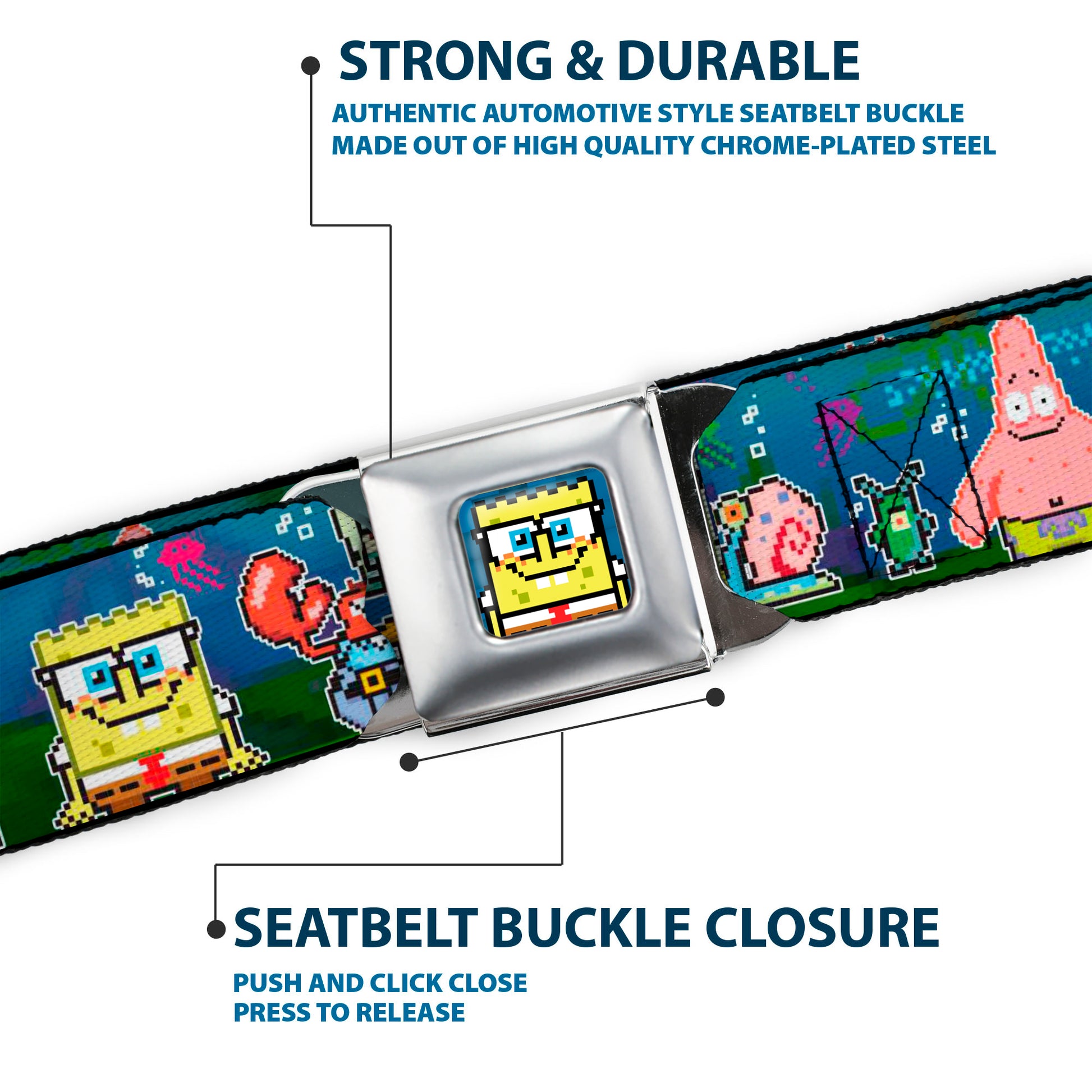 Pixelated SpongeBob Nerd Pose Full Color Blue Seatbelt Belt - SpongeBob & Friends 8-Bit Scene Webbing Seatbelt Belts SpongeBob SquarePants