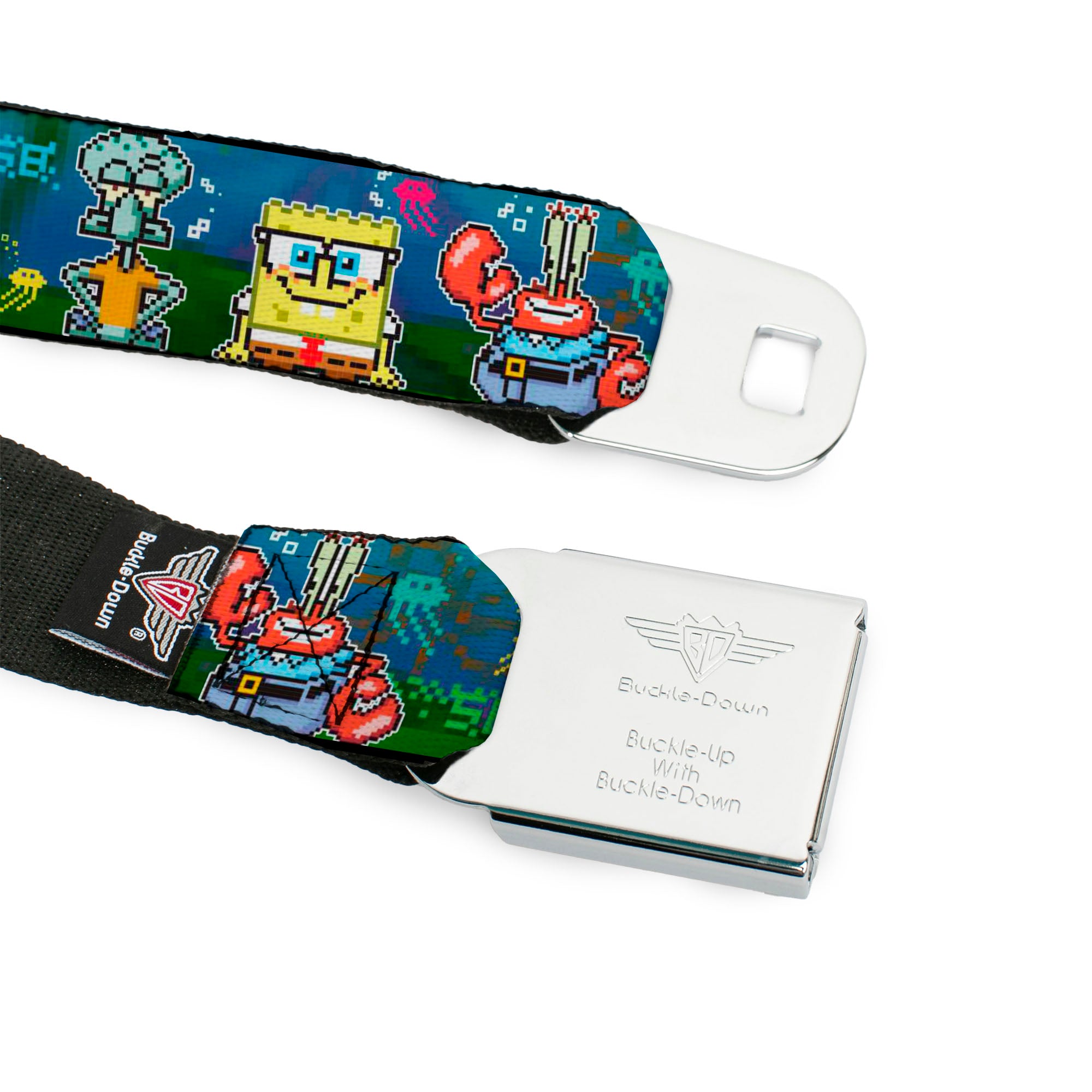 Pixelated SpongeBob Nerd Pose Full Color Blue Seatbelt Belt - SpongeBob & Friends 8-Bit Scene Webbing Seatbelt Belts SpongeBob SquarePants