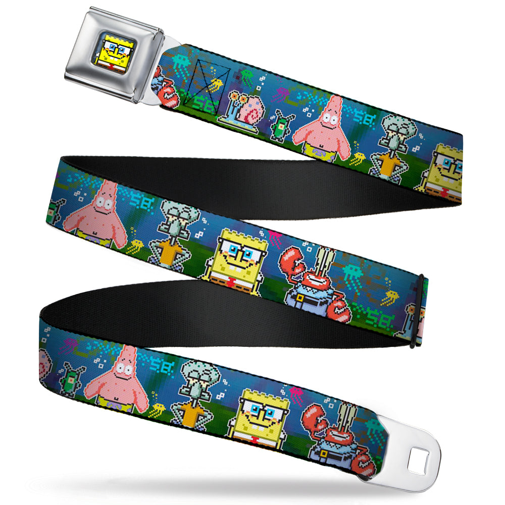 Pixelated SpongeBob Nerd Pose Full Color Blue Seatbelt Belt - SpongeBob & Friends 8-Bit Scene Webbing Seatbelt Belts SpongeBob SquarePants