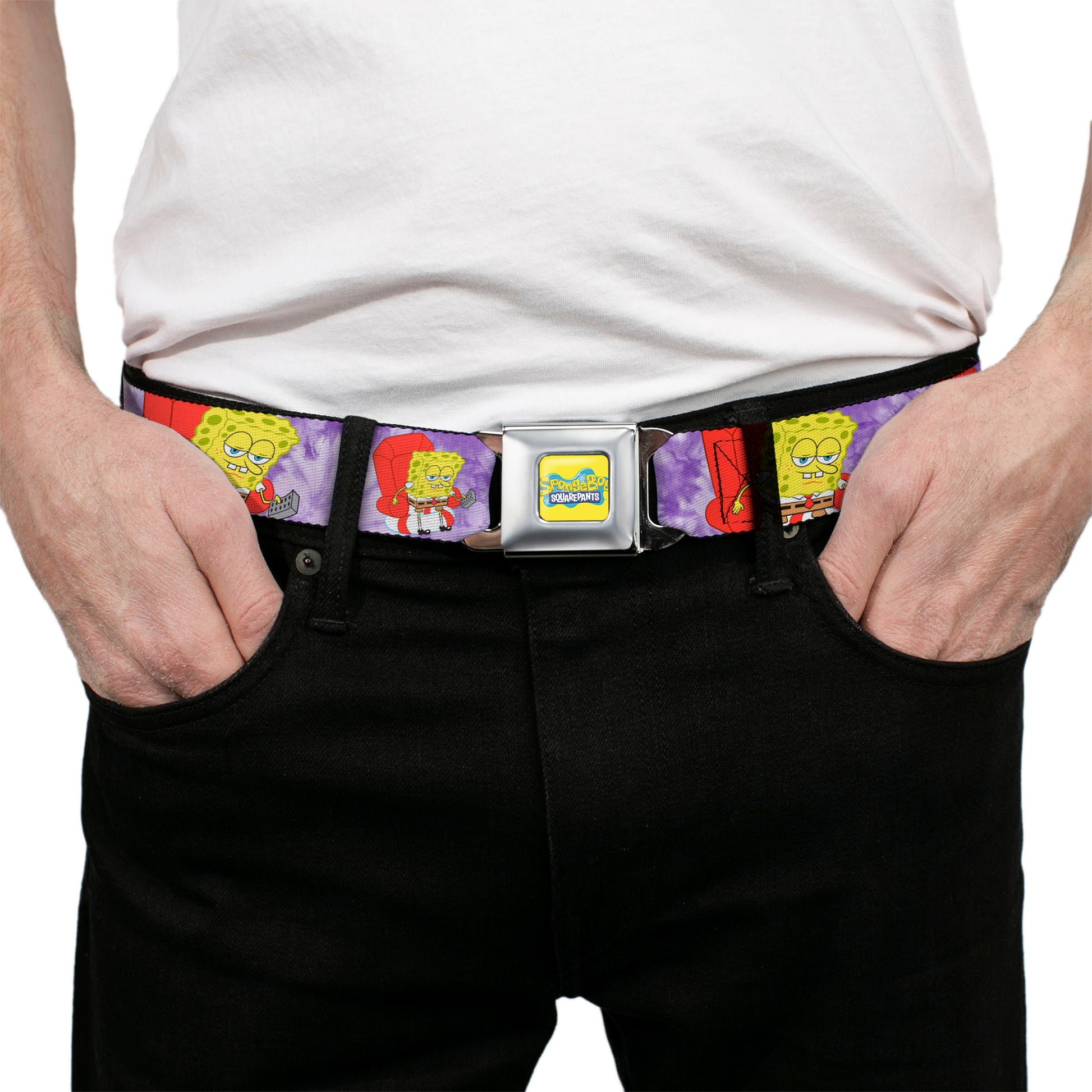 SpongeBob SquarePants Logo Full Color Yellow/Blues Seatbelt Belt - SpongeBob SquarePants Dozing Meme Pose Tie Dye Purples Webbing Seatbelt Belts SpongeBob SquarePants