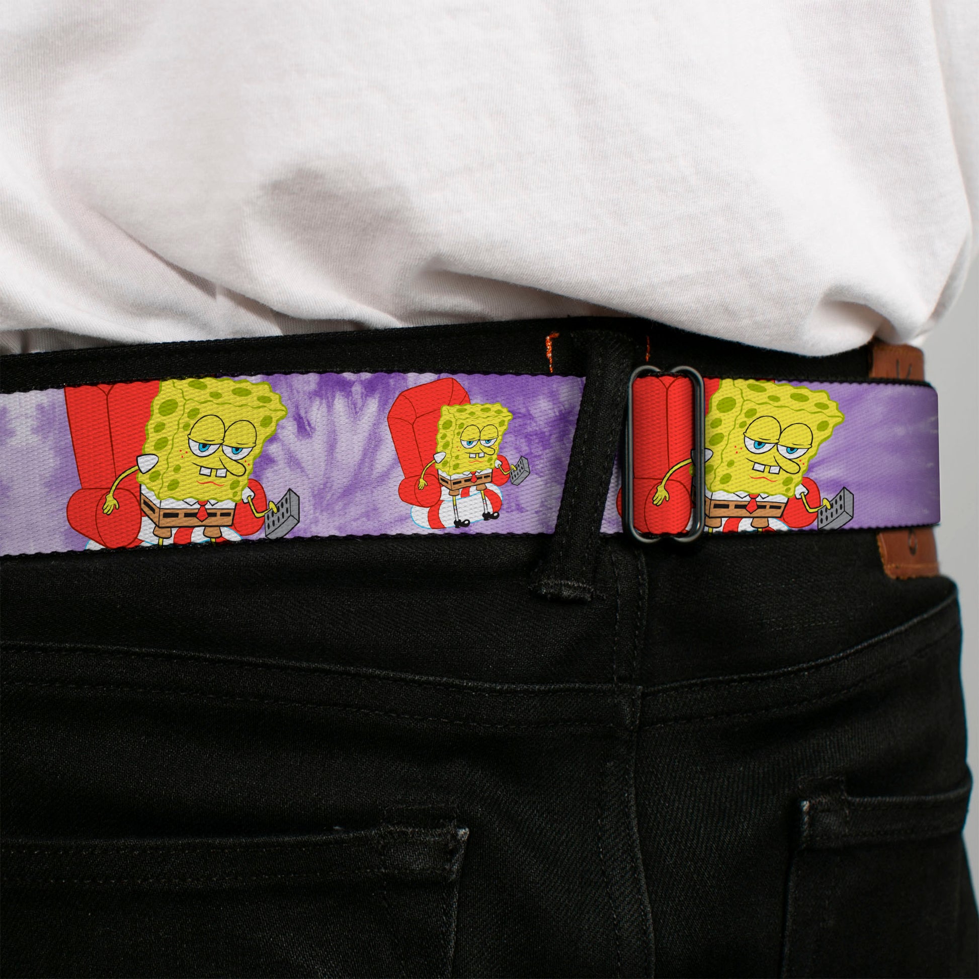 SpongeBob SquarePants Logo Full Color Yellow/Blues Seatbelt Belt - SpongeBob SquarePants Dozing Meme Pose Tie Dye Purples Webbing Seatbelt Belts SpongeBob SquarePants