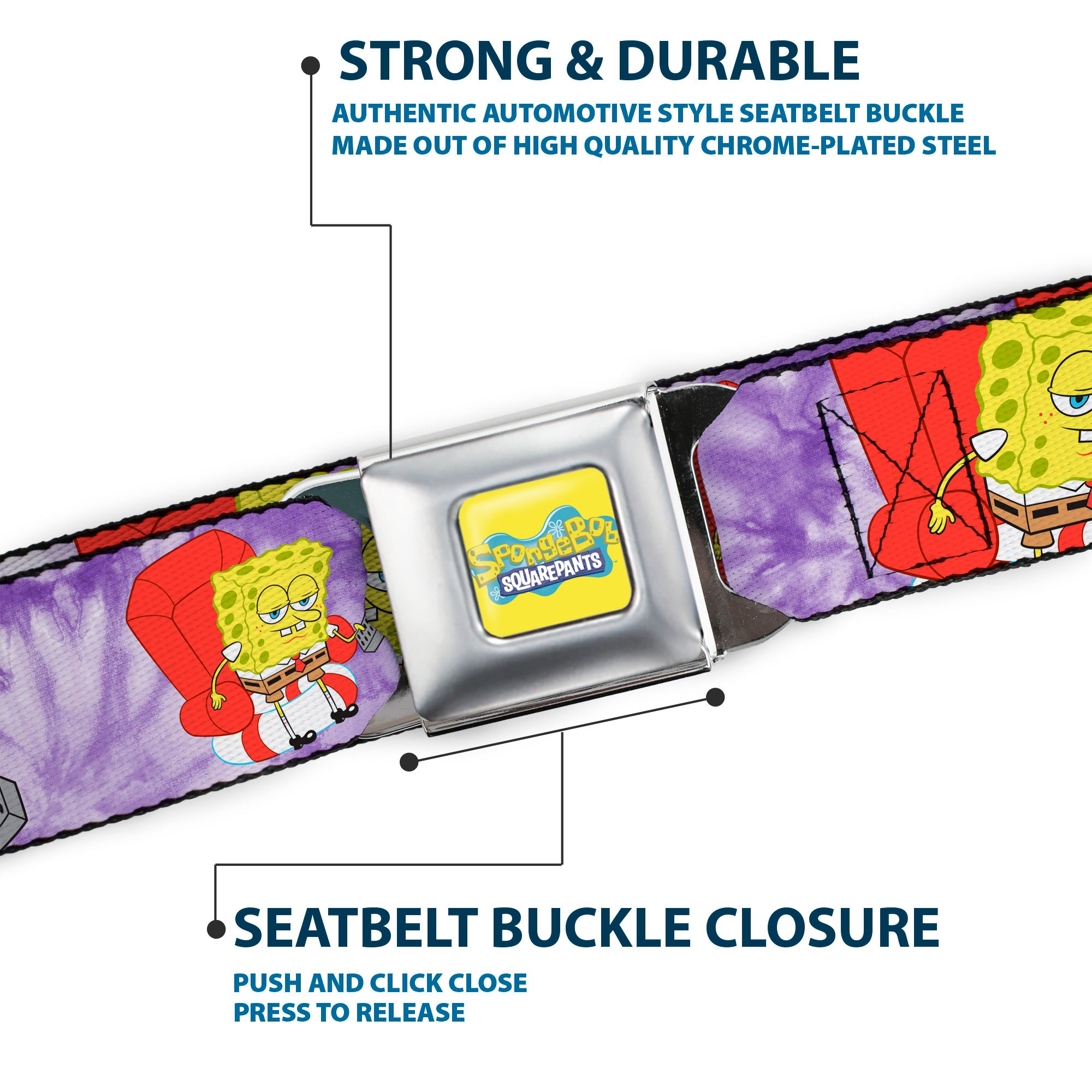 SpongeBob SquarePants Logo Full Color Yellow/Blues Seatbelt Belt - SpongeBob SquarePants Dozing Meme Pose Tie Dye Purples Webbing Seatbelt Belts SpongeBob SquarePants