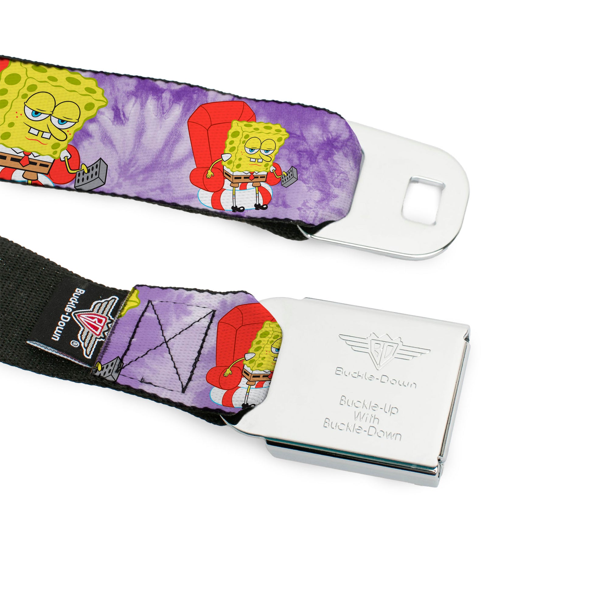 SpongeBob SquarePants Logo Full Color Yellow/Blues Seatbelt Belt - SpongeBob SquarePants Dozing Meme Pose Tie Dye Purples Webbing Seatbelt Belts SpongeBob SquarePants