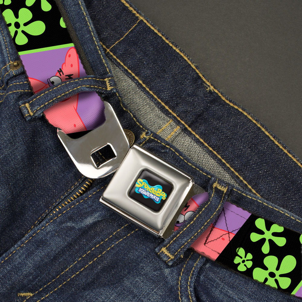 SpongeBob SquarePants Logo Full Color Black/Blues Seatbelt Belt - SpongeBob Patrick Star Pose and Flower Blocks Black/Green Webbing