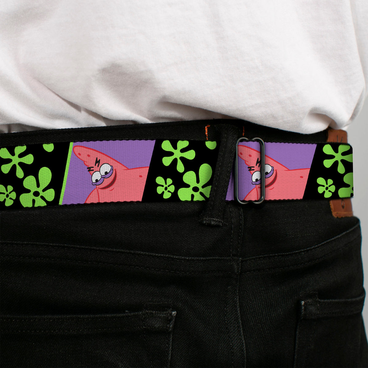 SpongeBob SquarePants Logo Full Color Black/Blues Seatbelt Belt - SpongeBob Patrick Star Pose and Flower Blocks Black/Green Webbing