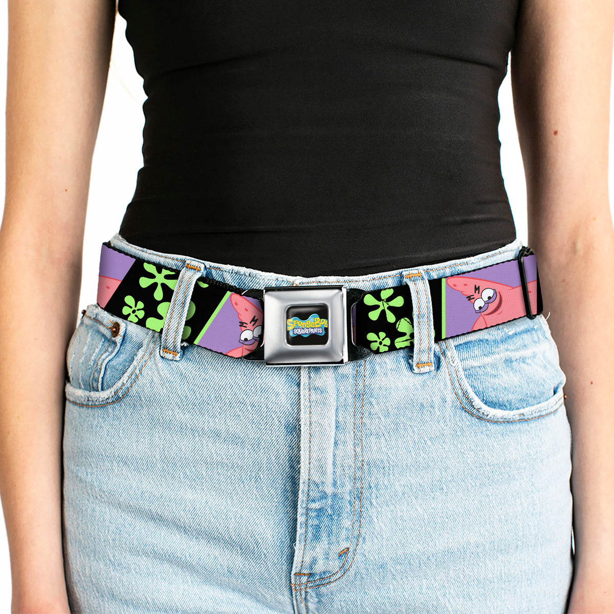 SpongeBob SquarePants Logo Full Color Black/Blues Seatbelt Belt - SpongeBob Patrick Star Pose and Flower Blocks Black/Green Webbing