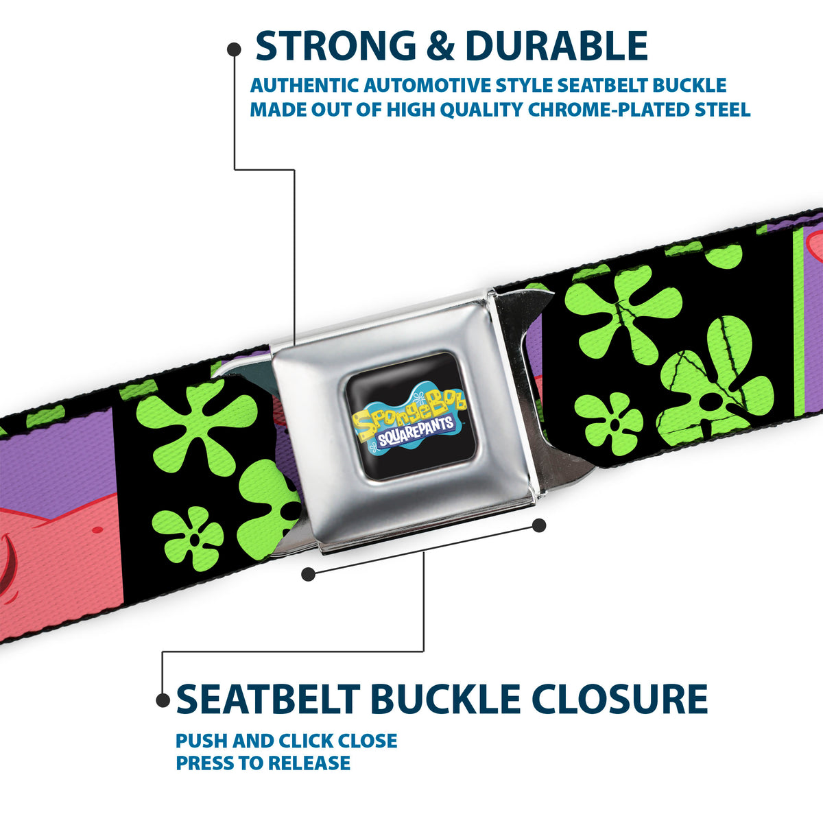 SpongeBob SquarePants Logo Full Color Black/Blues Seatbelt Belt - SpongeBob Patrick Star Pose and Flower Blocks Black/Green Webbing