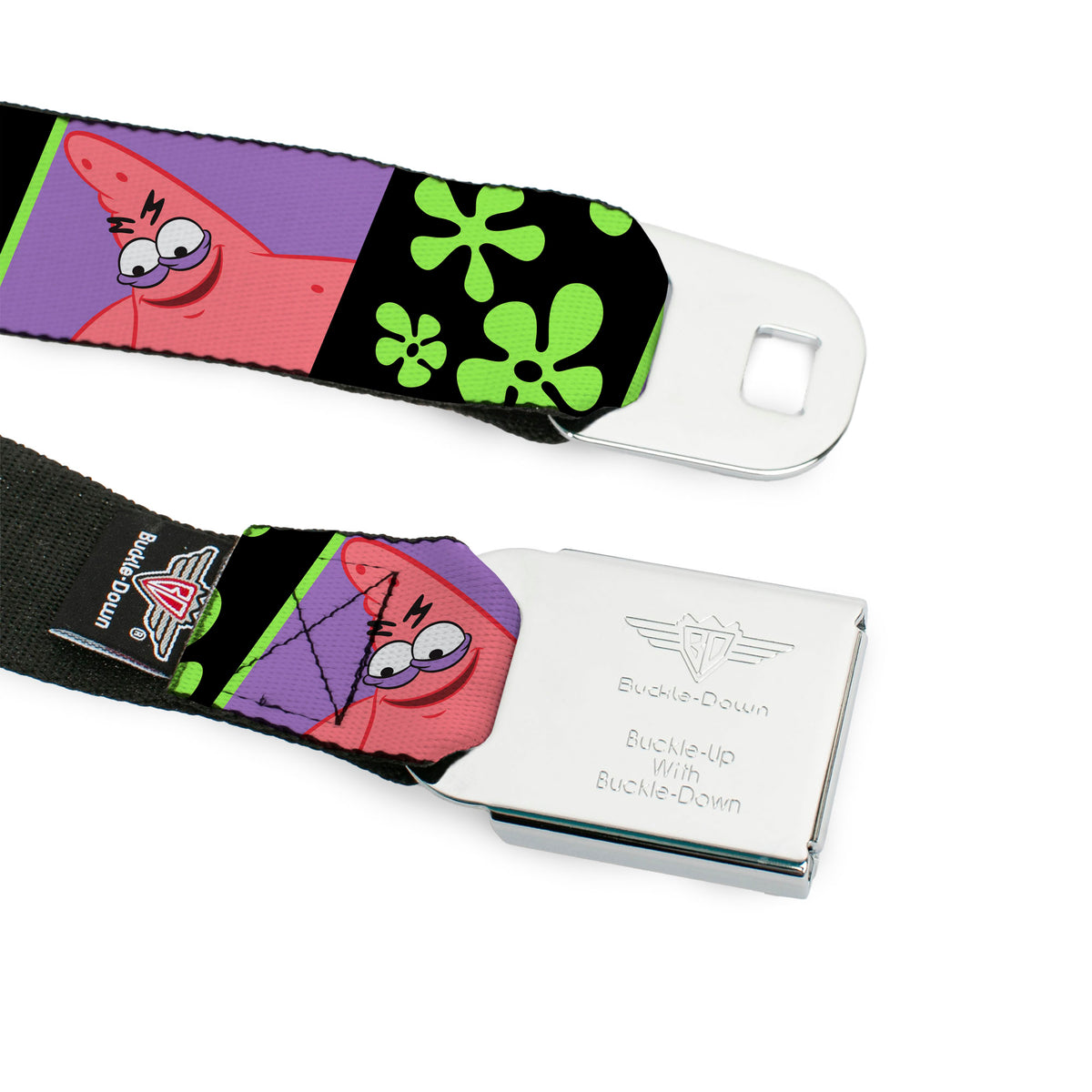 SpongeBob SquarePants Logo Full Color Black/Blues Seatbelt Belt - SpongeBob Patrick Star Pose and Flower Blocks Black/Green Webbing