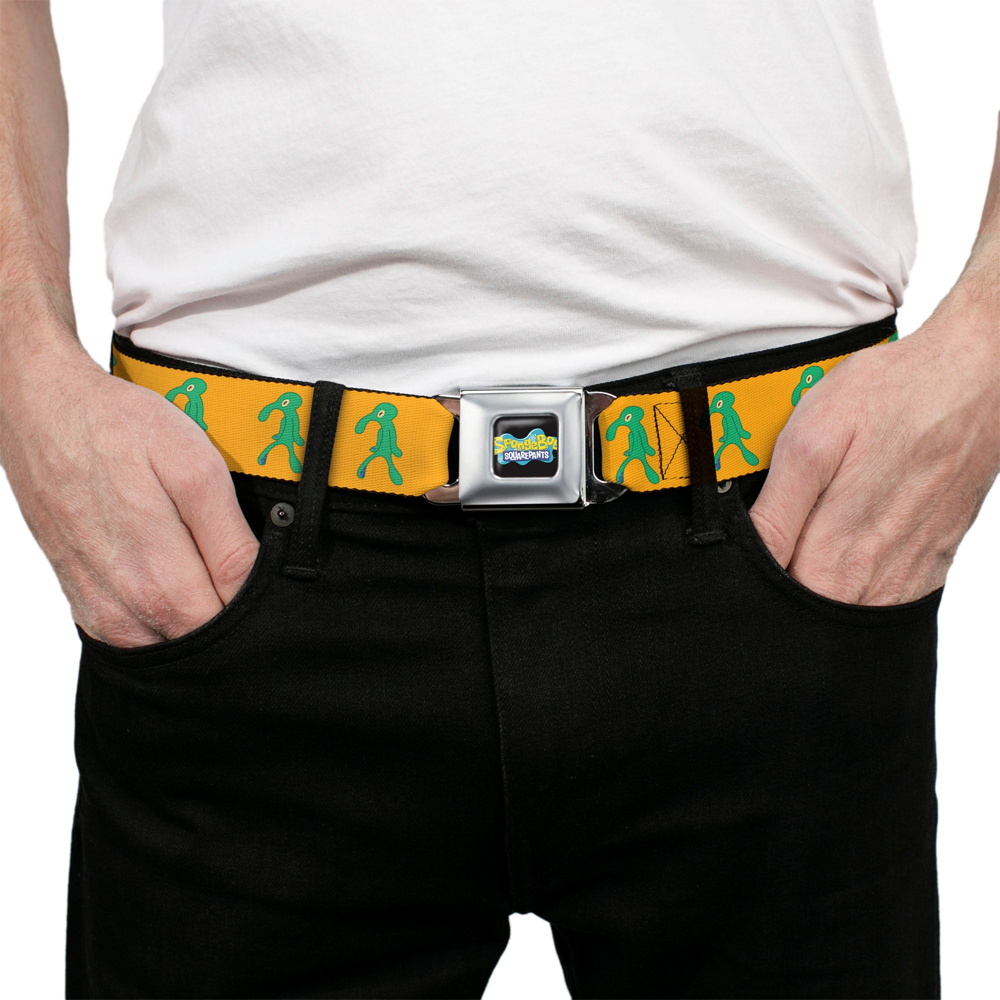 SpongeBob SquarePants Logo Full Color Black/Blues Seatbelt Belt - SpongeBob Squidward Bold and Brash Painting Orange/Green Webbing Seatbelt Belts SpongeBob SquarePants