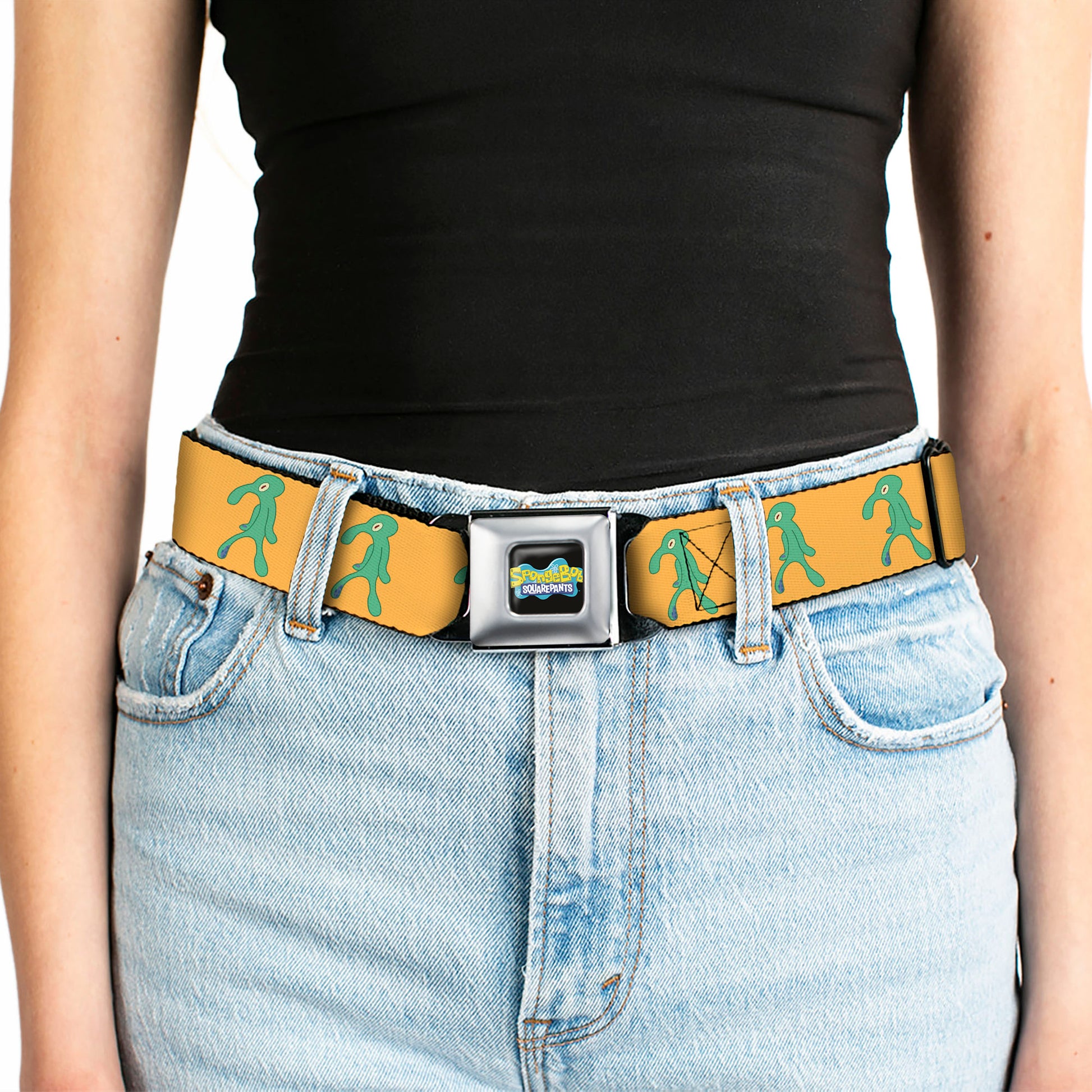 SpongeBob SquarePants Logo Full Color Black/Blues Seatbelt Belt - SpongeBob Squidward Bold and Brash Painting Orange/Green Webbing Seatbelt Belts SpongeBob SquarePants