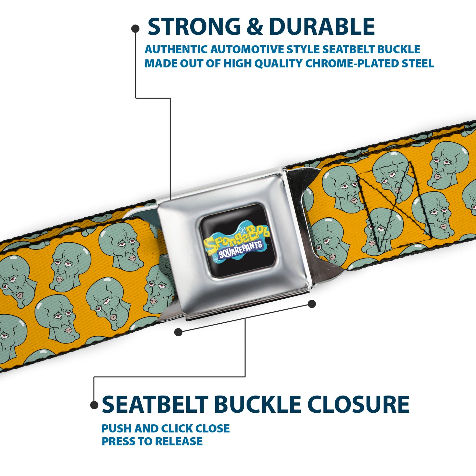 SpongeBob SquarePants Logo Full Color Black/Blues Seatbelt Belt - SpongeBob Handsome Squidward Face Scattered Orange Webbing Seatbelt Belts SpongeBob SquarePants