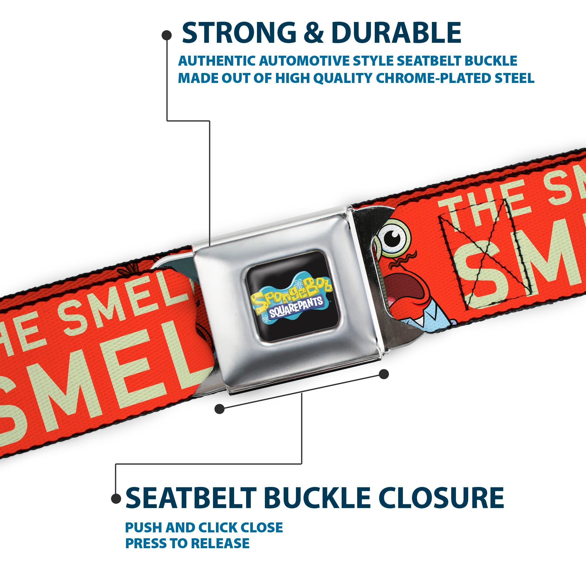 SpongeBob SquarePants Logo Full Color Black/Blues Seatbelt Belt - SpongeBob Mr. Krabs THE SMELLY SMELL THAT SMELLS Pose Orange Webbing Seatbelt Belts SpongeBob SquarePants