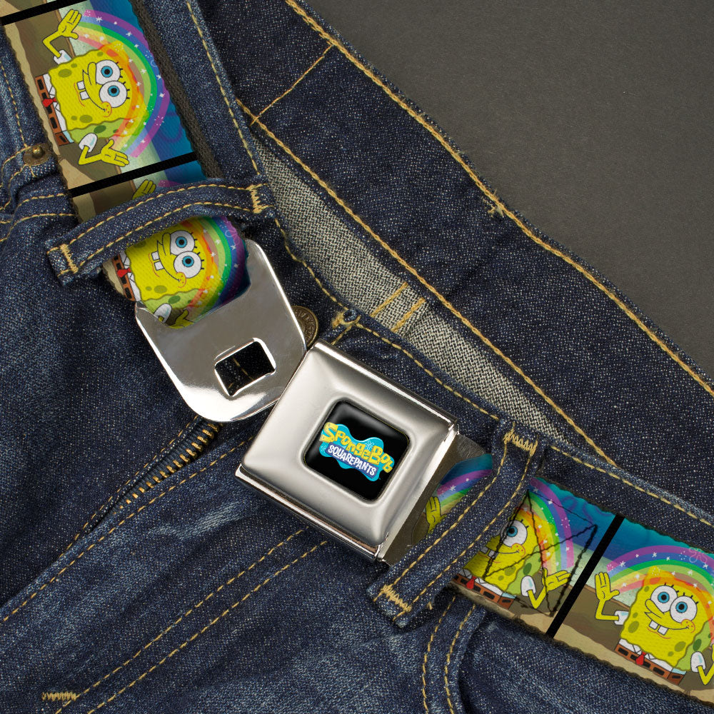 SpongeBob SquarePants Logo Full Color Black/Blues Seatbelt Belt - SpongeBob SquarePants Smiling Rainbow Pose Blocks Webbing Seatbelt Belts SpongeBob SquarePants