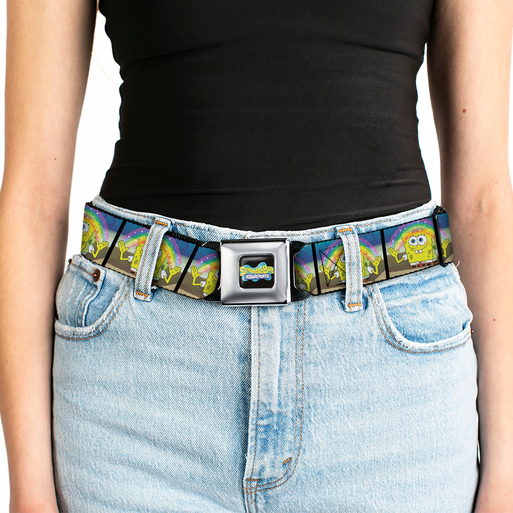 SpongeBob SquarePants Logo Full Color Black/Blues Seatbelt Belt - SpongeBob SquarePants Smiling Rainbow Pose Blocks Webbing Seatbelt Belts SpongeBob SquarePants