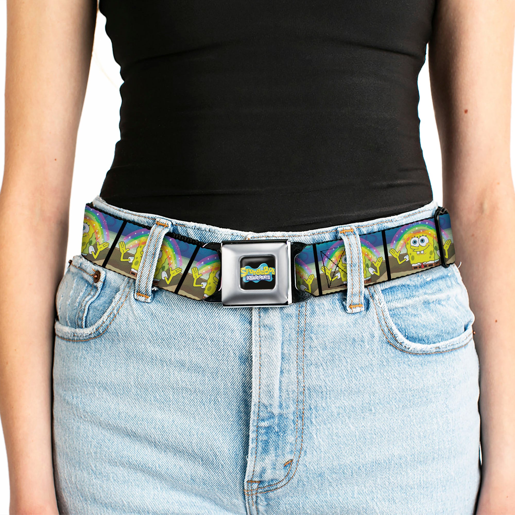 SpongeBob SquarePants Logo Full Color Black/Blues Seatbelt Belt - SpongeBob SquarePants Smiling Rainbow Pose Blocks Webbing Seatbelt Belts SpongeBob SquarePants