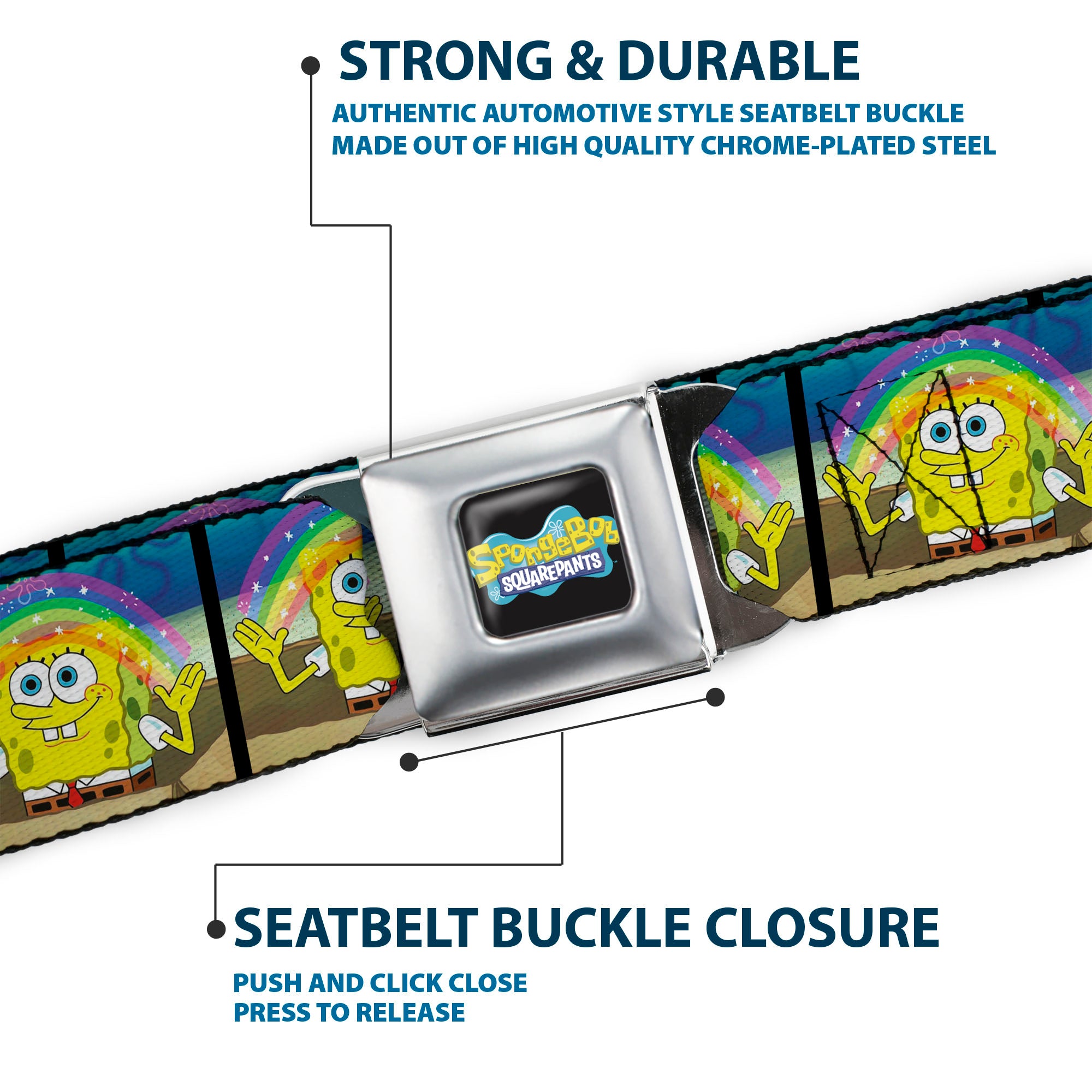 SpongeBob SquarePants Logo Full Color Black/Blues Seatbelt Belt - SpongeBob SquarePants Smiling Rainbow Pose Blocks Webbing Seatbelt Belts SpongeBob SquarePants