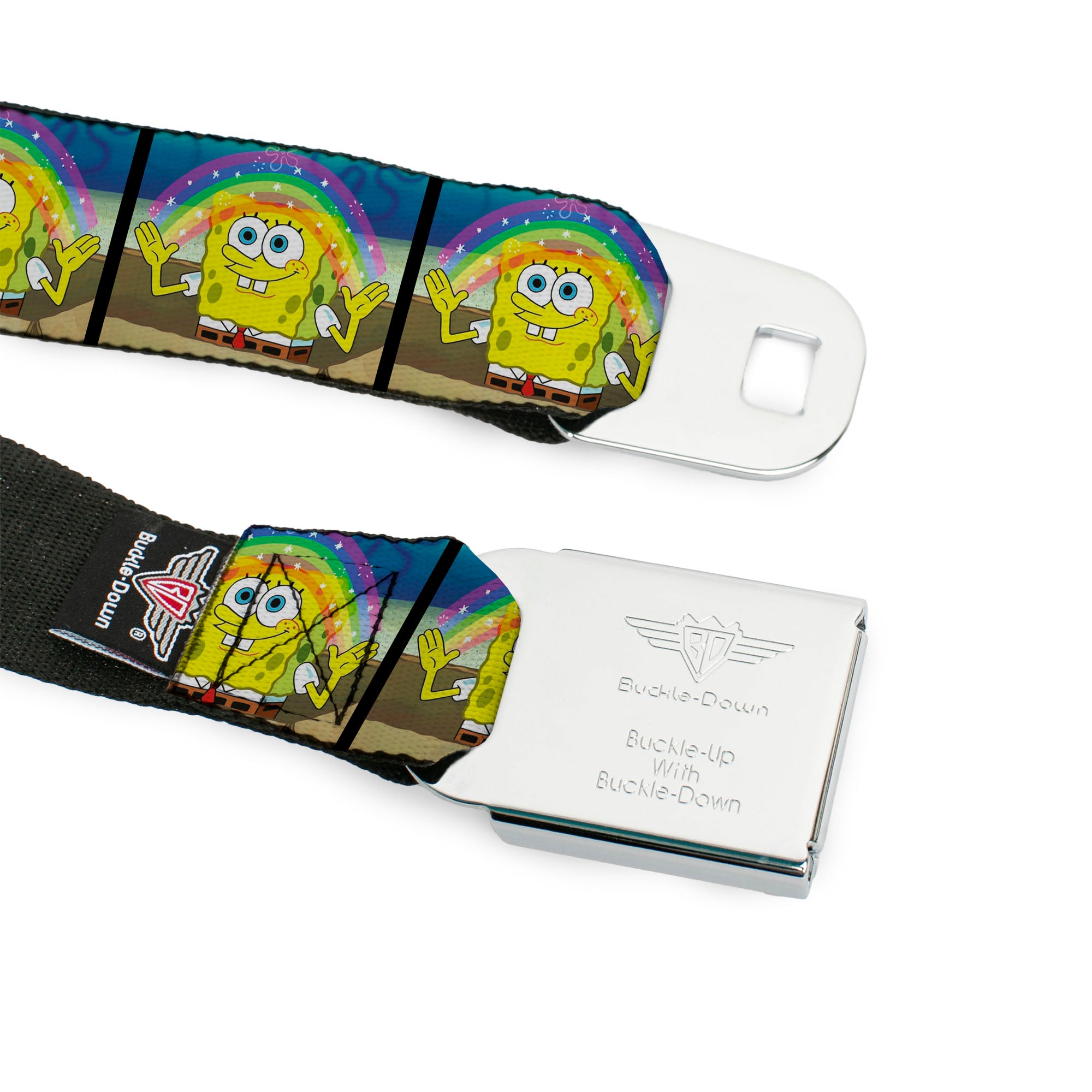 SpongeBob SquarePants Logo Full Color Black/Blues Seatbelt Belt - SpongeBob SquarePants Smiling Rainbow Pose Blocks Webbing Seatbelt Belts SpongeBob SquarePants