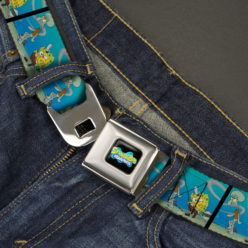 SpongeBob SquarePants Logo Full Color Black/Blues Seatbelt Belt - SpongeBob SquarePants and Squidward Pizza Scene Pose Blocks Webbing Seatbelt Belts SpongeBob SquarePants
