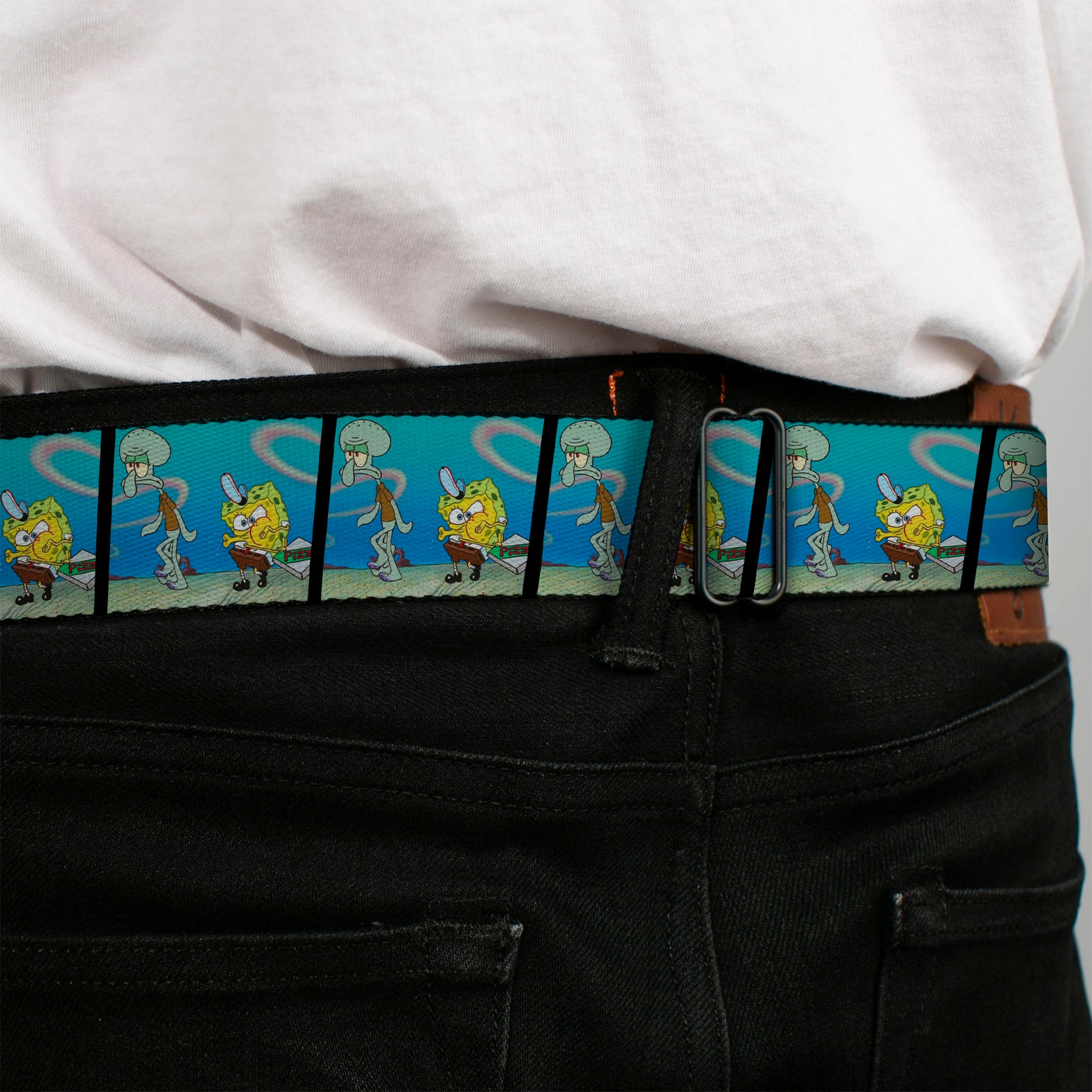 SpongeBob SquarePants Logo Full Color Black/Blues Seatbelt Belt - SpongeBob SquarePants and Squidward Pizza Scene Pose Blocks Webbing Seatbelt Belts SpongeBob SquarePants