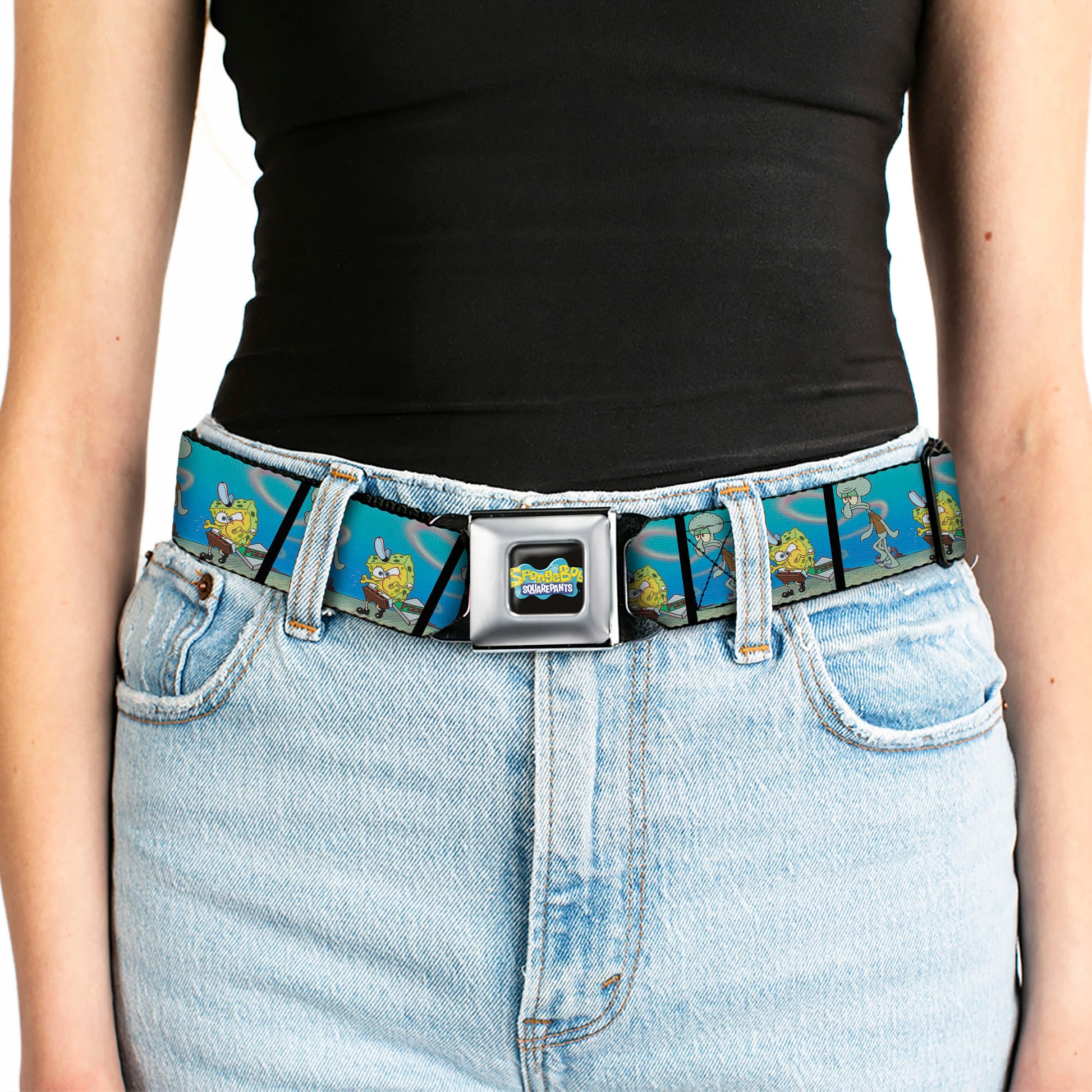 SpongeBob SquarePants Logo Full Color Black/Blues Seatbelt Belt - SpongeBob SquarePants and Squidward Pizza Scene Pose Blocks Webbing Seatbelt Belts SpongeBob SquarePants