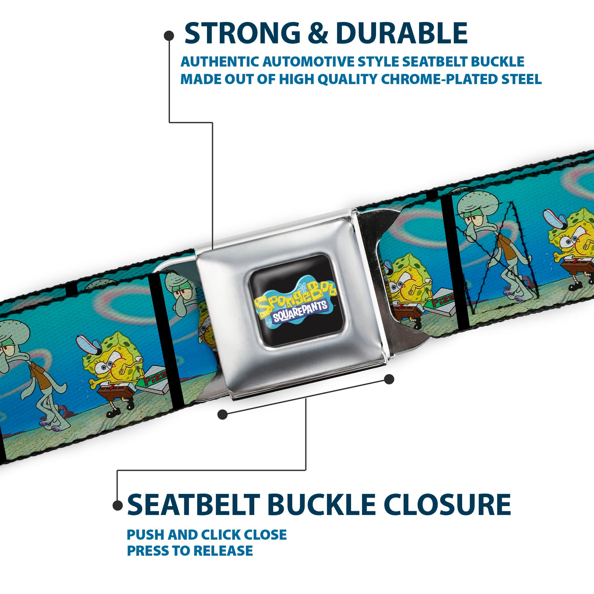 SpongeBob SquarePants Logo Full Color Black/Blues Seatbelt Belt - SpongeBob SquarePants and Squidward Pizza Scene Pose Blocks Webbing Seatbelt Belts SpongeBob SquarePants