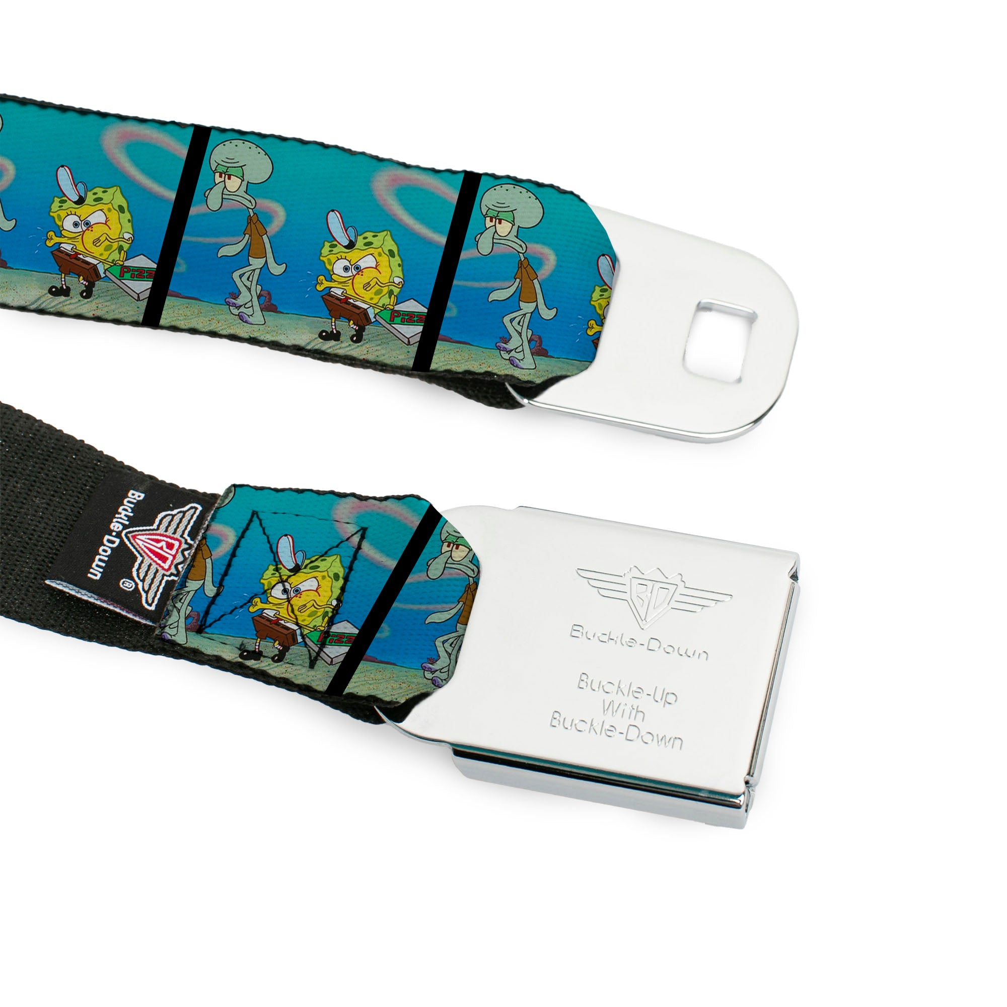SpongeBob SquarePants Logo Full Color Black/Blues Seatbelt Belt - SpongeBob SquarePants and Squidward Pizza Scene Pose Blocks Webbing Seatbelt Belts SpongeBob SquarePants