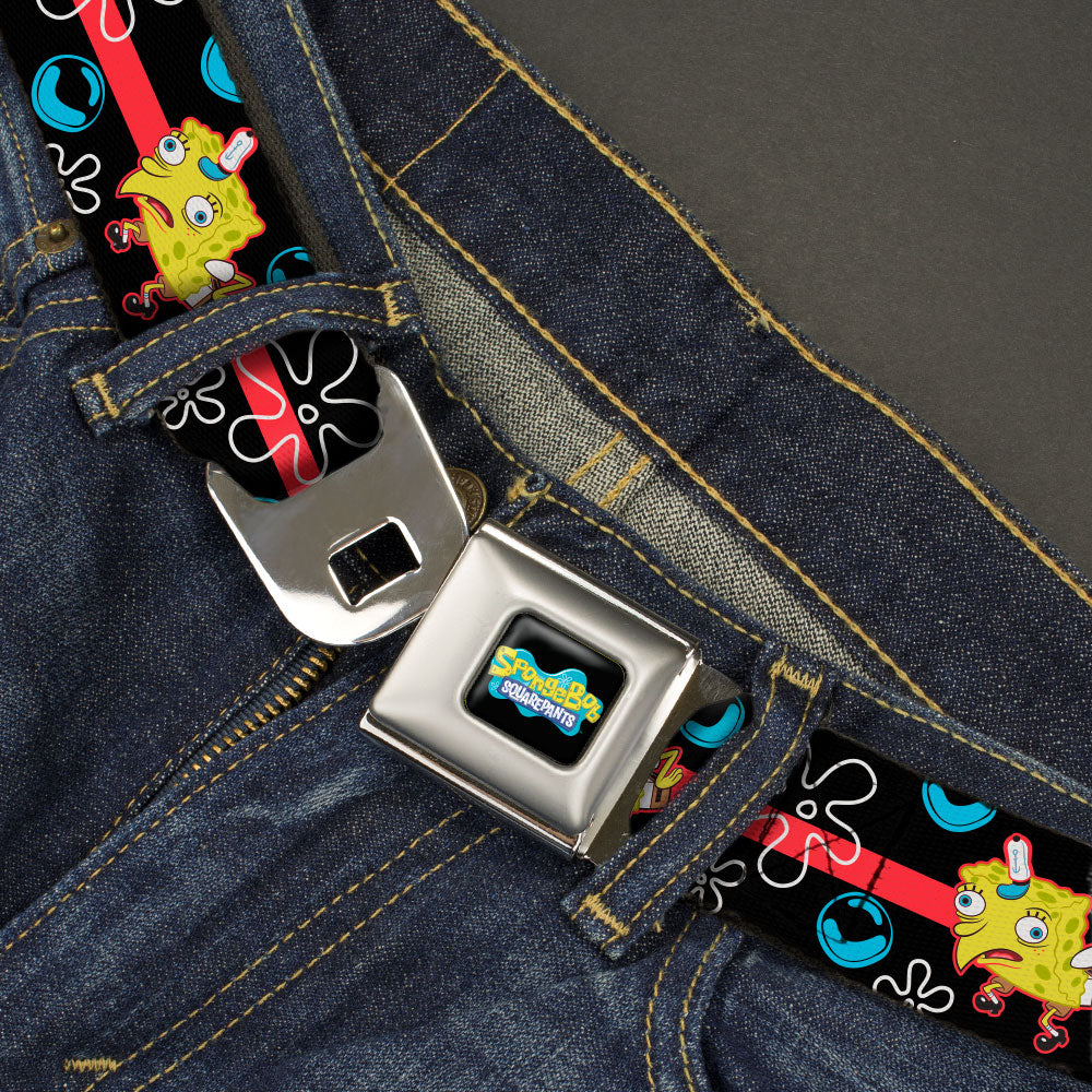 SpongeBob SquarePants Logo Full Color Black/Blues Seatbelt Belt - Mocking SpongeBob Pose and Bubbles Stripe Black/Blue/Red Webbing Seatbelt Belts SpongeBob SquarePants