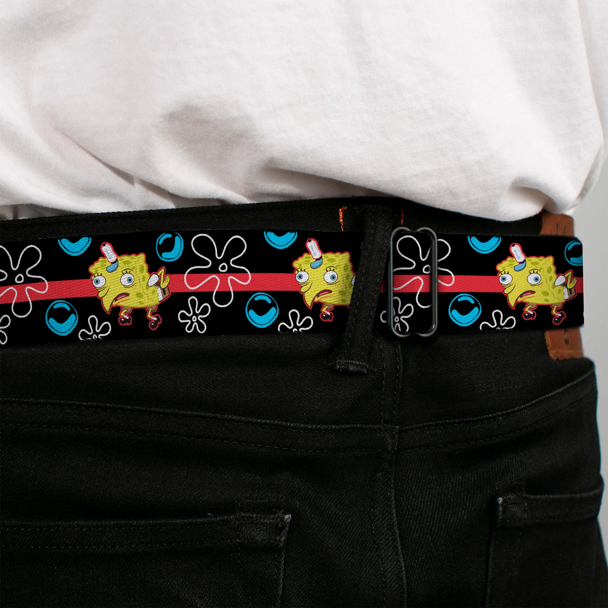 SpongeBob SquarePants Logo Full Color Black/Blues Seatbelt Belt - Mocking SpongeBob Pose and Bubbles Stripe Black/Blue/Red Webbing Seatbelt Belts SpongeBob SquarePants
