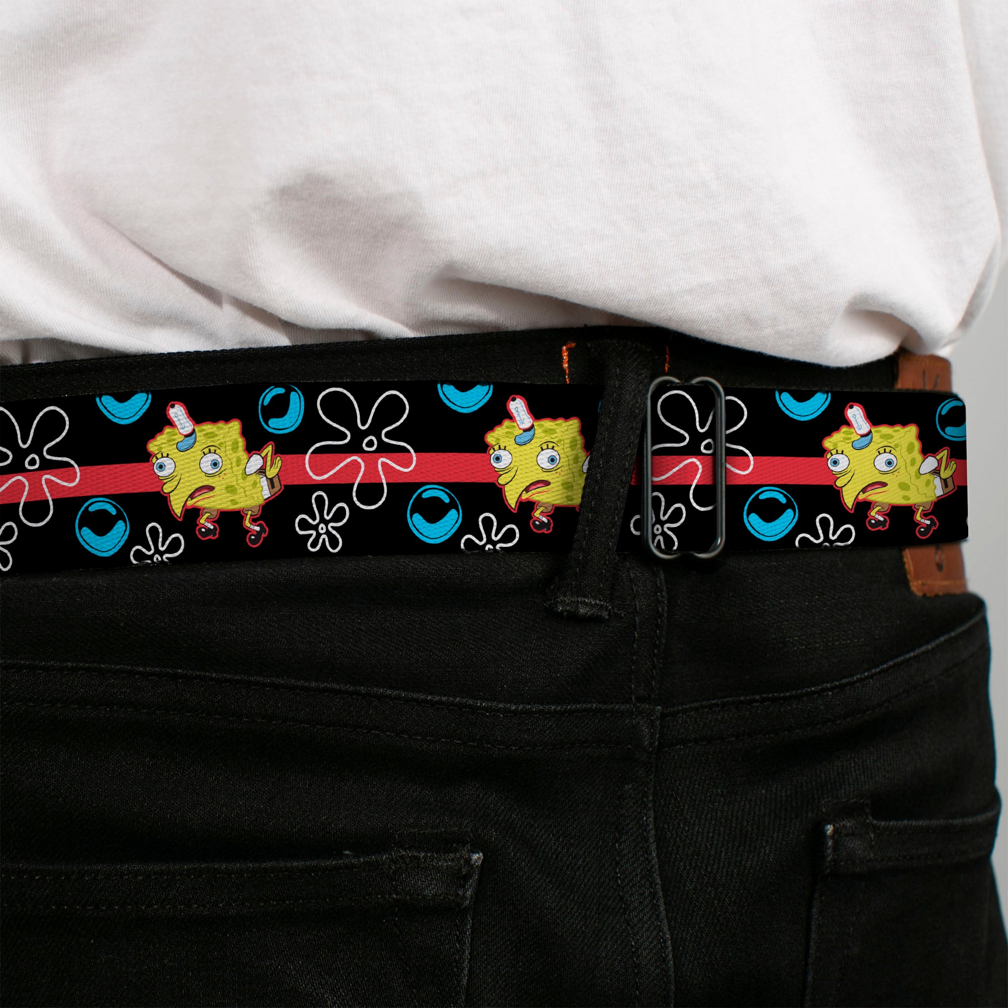 SpongeBob SquarePants Logo Full Color Black/Blues Seatbelt Belt - Mocking SpongeBob Pose and Bubbles Stripe Black/Blue/Red Webbing Seatbelt Belts SpongeBob SquarePants