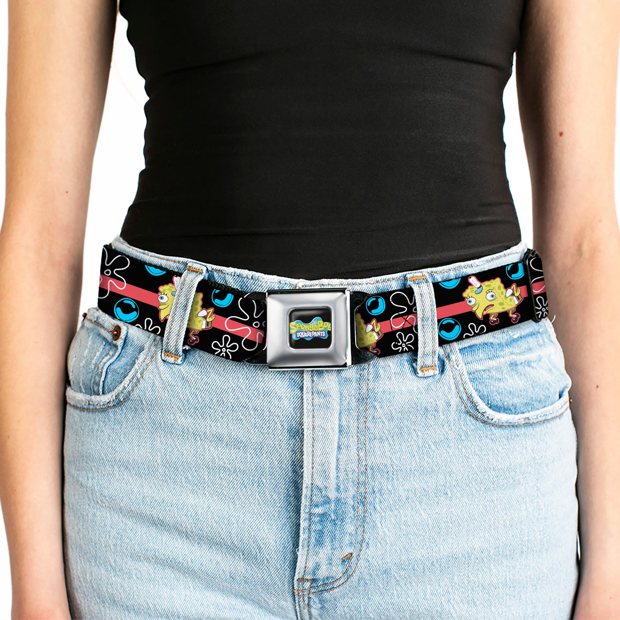 SpongeBob SquarePants Logo Full Color Black/Blues Seatbelt Belt - Mocking SpongeBob Pose and Bubbles Stripe Black/Blue/Red Webbing Seatbelt Belts SpongeBob SquarePants