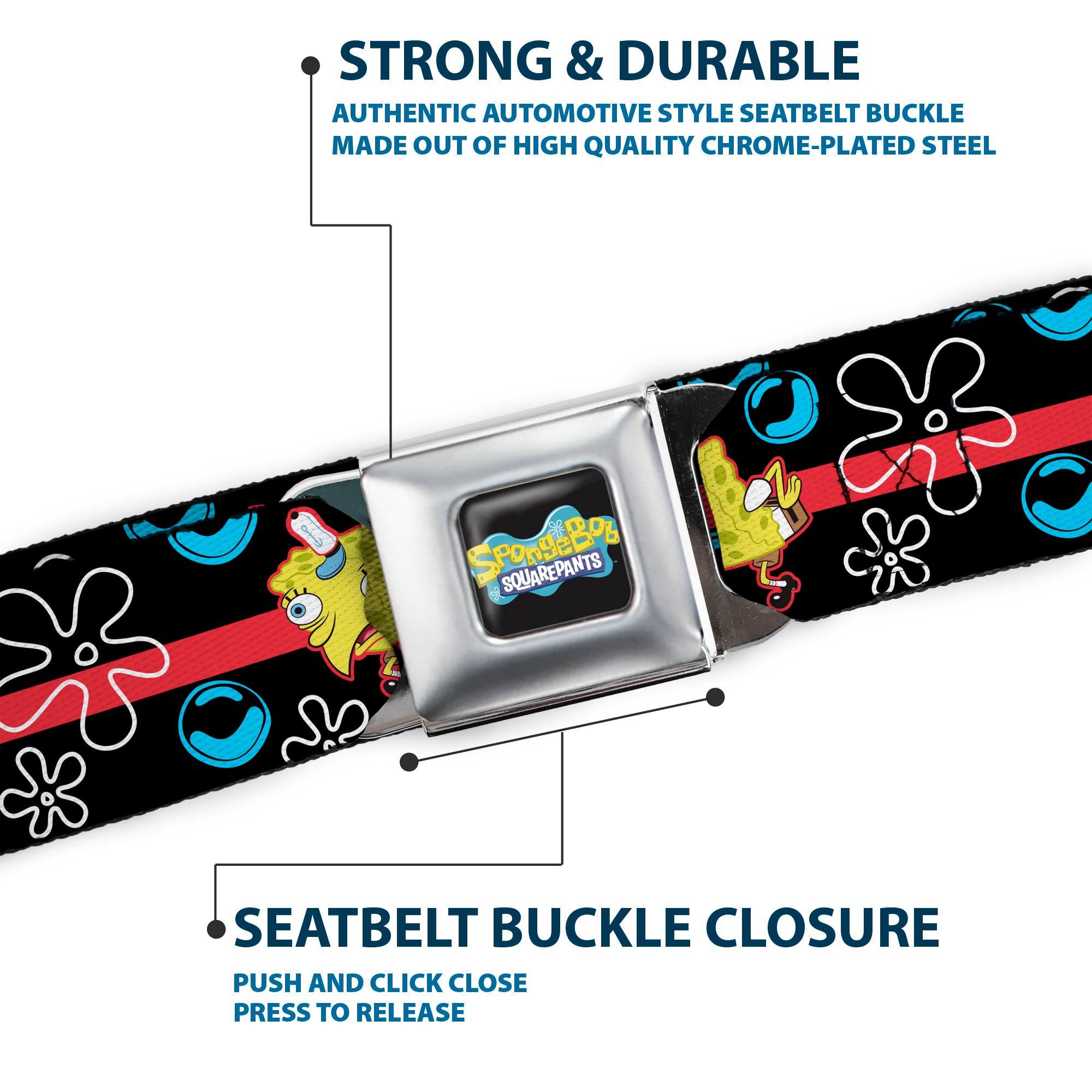 SpongeBob SquarePants Logo Full Color Black/Blues Seatbelt Belt - Mocking SpongeBob Pose and Bubbles Stripe Black/Blue/Red Webbing Seatbelt Belts SpongeBob SquarePants