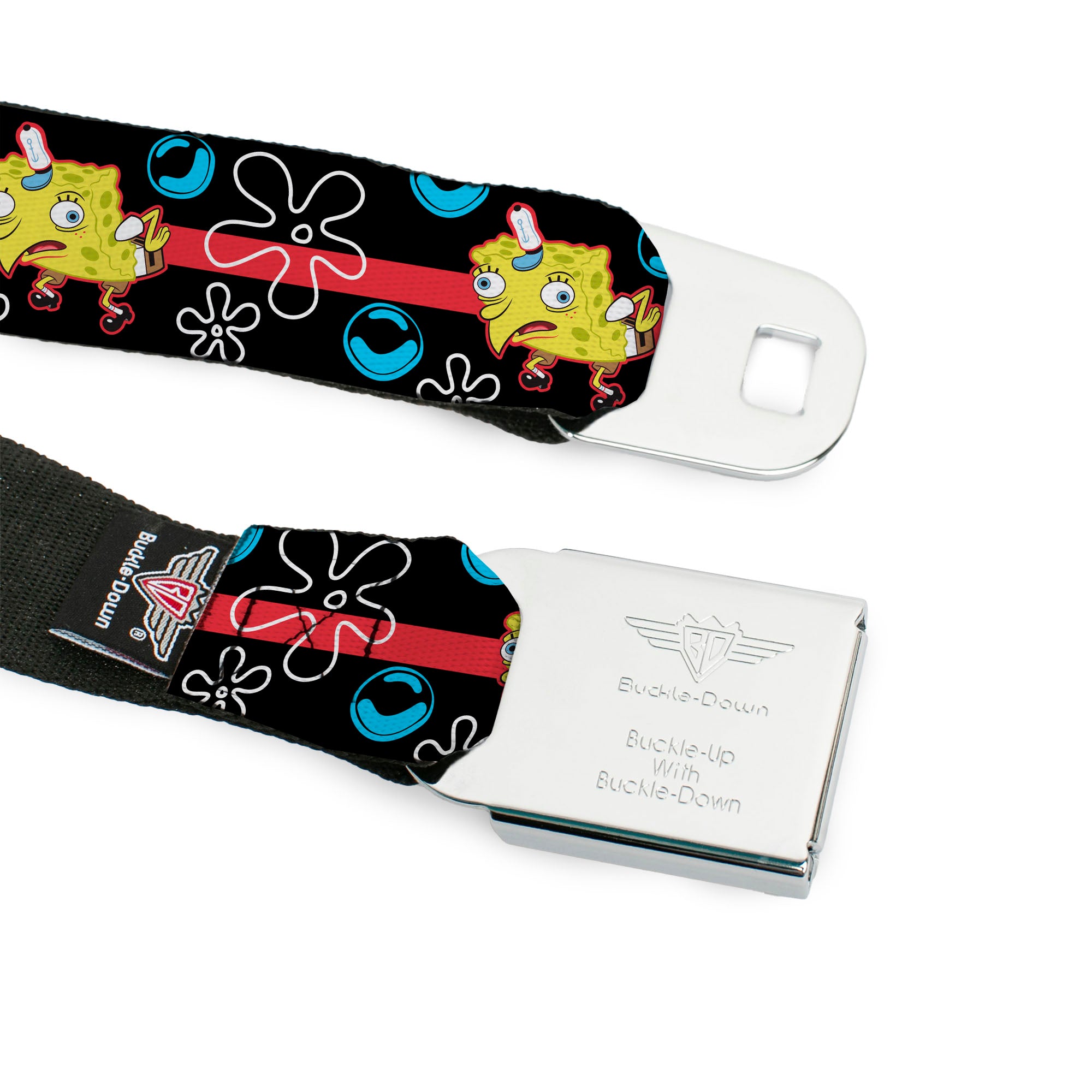 SpongeBob SquarePants Logo Full Color Black/Blues Seatbelt Belt - Mocking SpongeBob Pose and Bubbles Stripe Black/Blue/Red Webbing Seatbelt Belts SpongeBob SquarePants