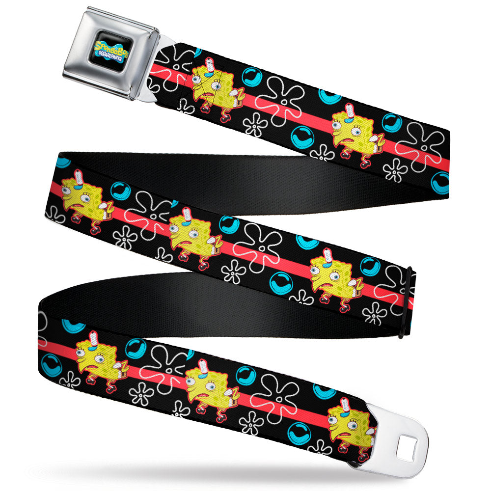 SpongeBob SquarePants Logo Full Color Black/Blues Seatbelt Belt - Mocking SpongeBob Pose and Bubbles Stripe Black/Blue/Red Webbing Seatbelt Belts SpongeBob SquarePants