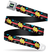 SpongeBob SquarePants Logo Full Color Black/Blues Seatbelt Belt - Mocking SpongeBob Pose and Bubbles Stripe Black/Blue/Red Webbing Seatbelt Belts SpongeBob SquarePants