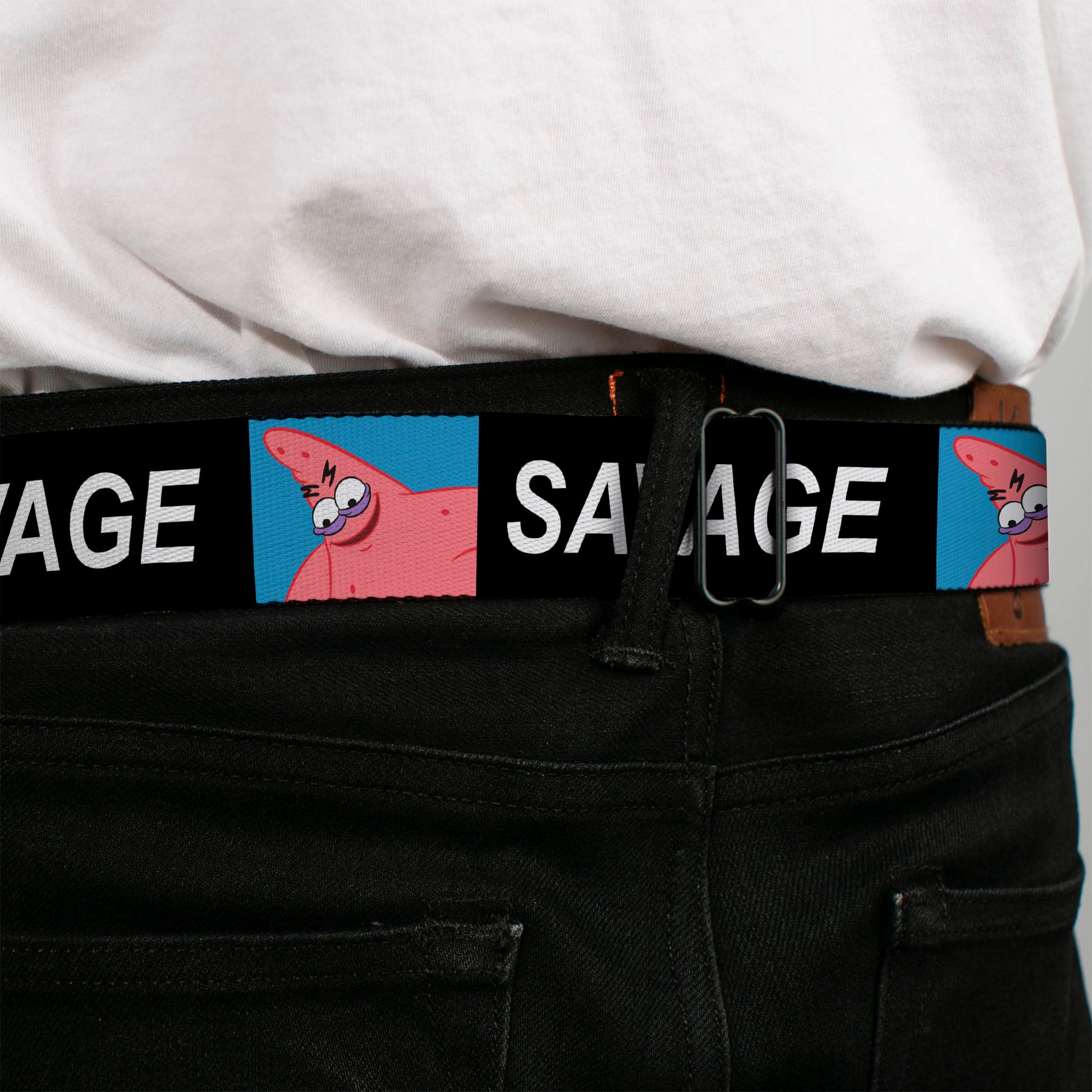 SpongeBob SquarePants Logo Full Color Black/Blues Seatbelt Belt - SpongeBob Patrick Star SAVAGE Pose Block Black/Blue Webbing Seatbelt Belts SpongeBob SquarePants