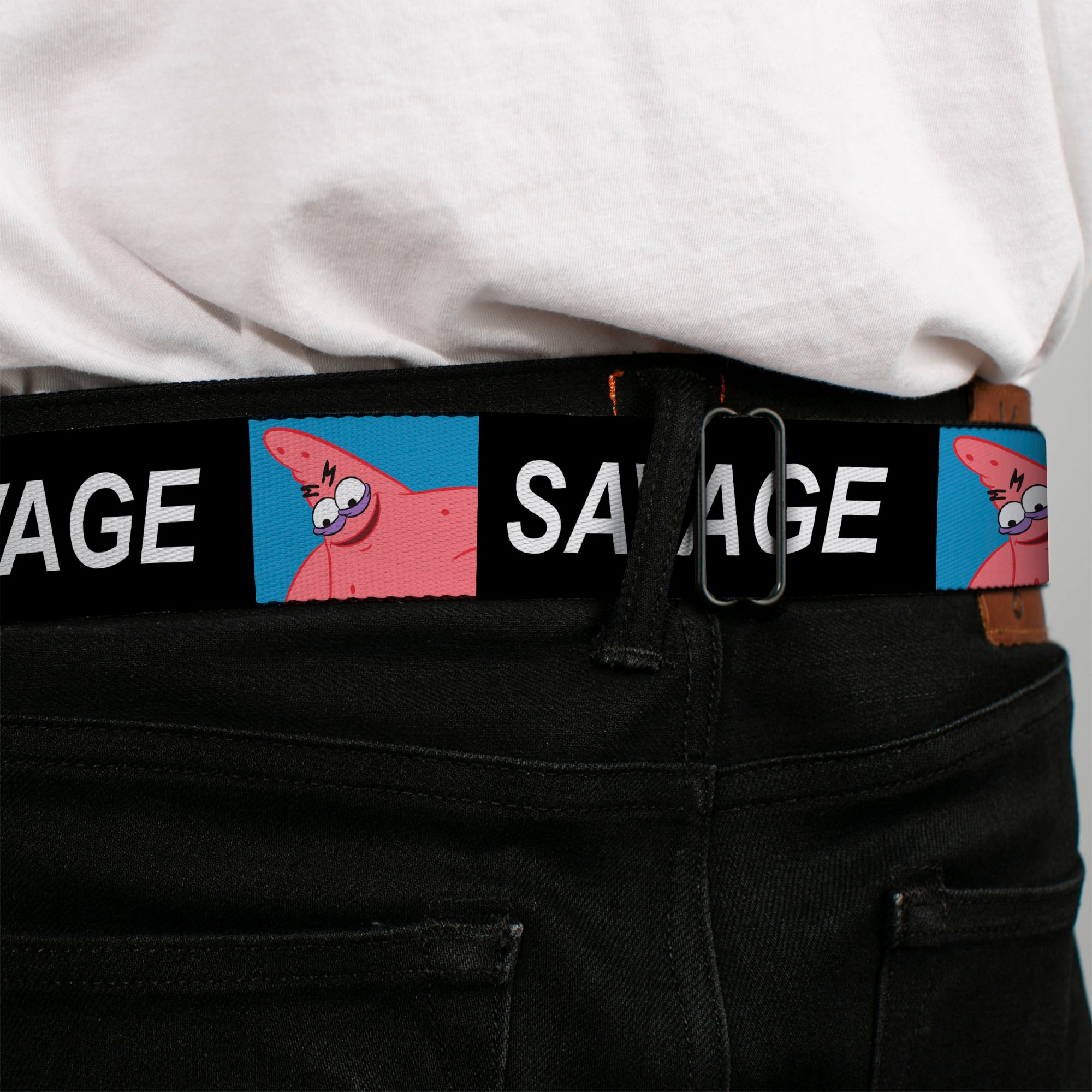 SpongeBob SquarePants Logo Full Color Black/Blues Seatbelt Belt - SpongeBob Patrick Star SAVAGE Pose Block Black/Blue Webbing Seatbelt Belts SpongeBob SquarePants