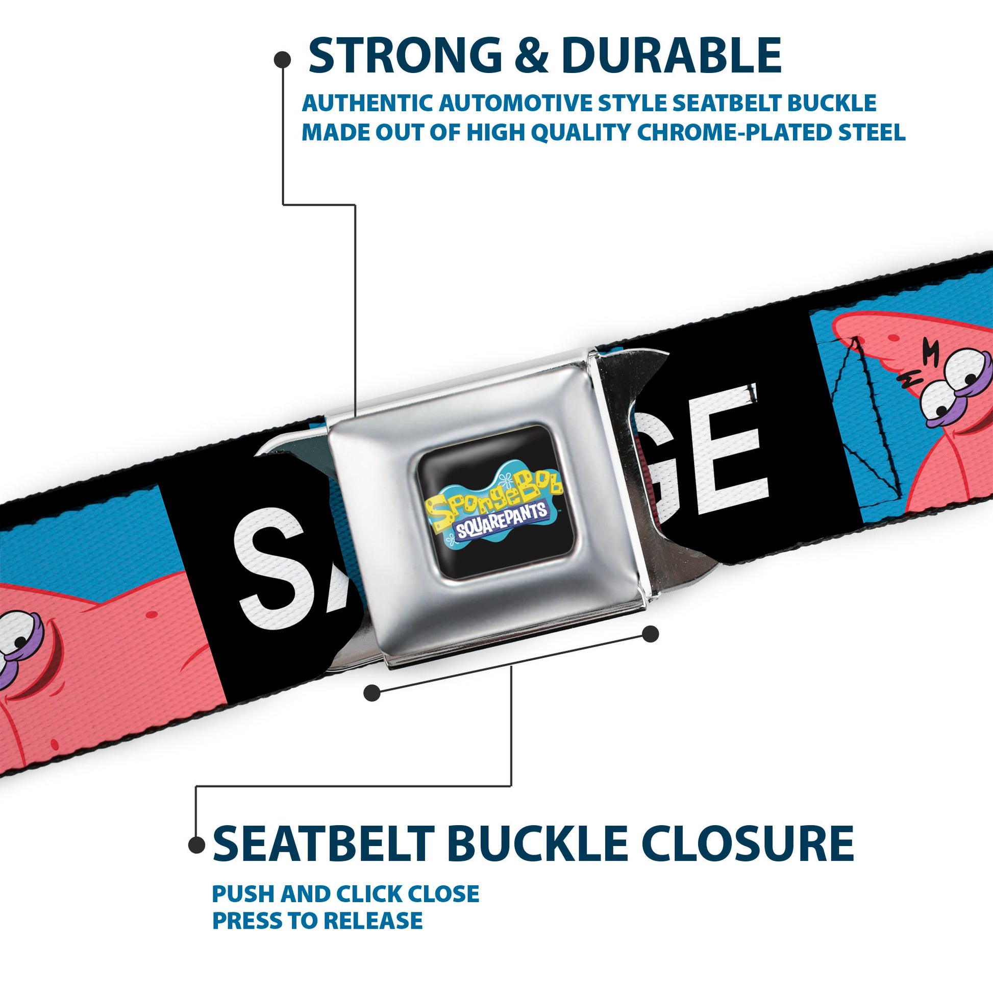 SpongeBob SquarePants Logo Full Color Black/Blues Seatbelt Belt - SpongeBob Patrick Star SAVAGE Pose Block Black/Blue Webbing Seatbelt Belts SpongeBob SquarePants