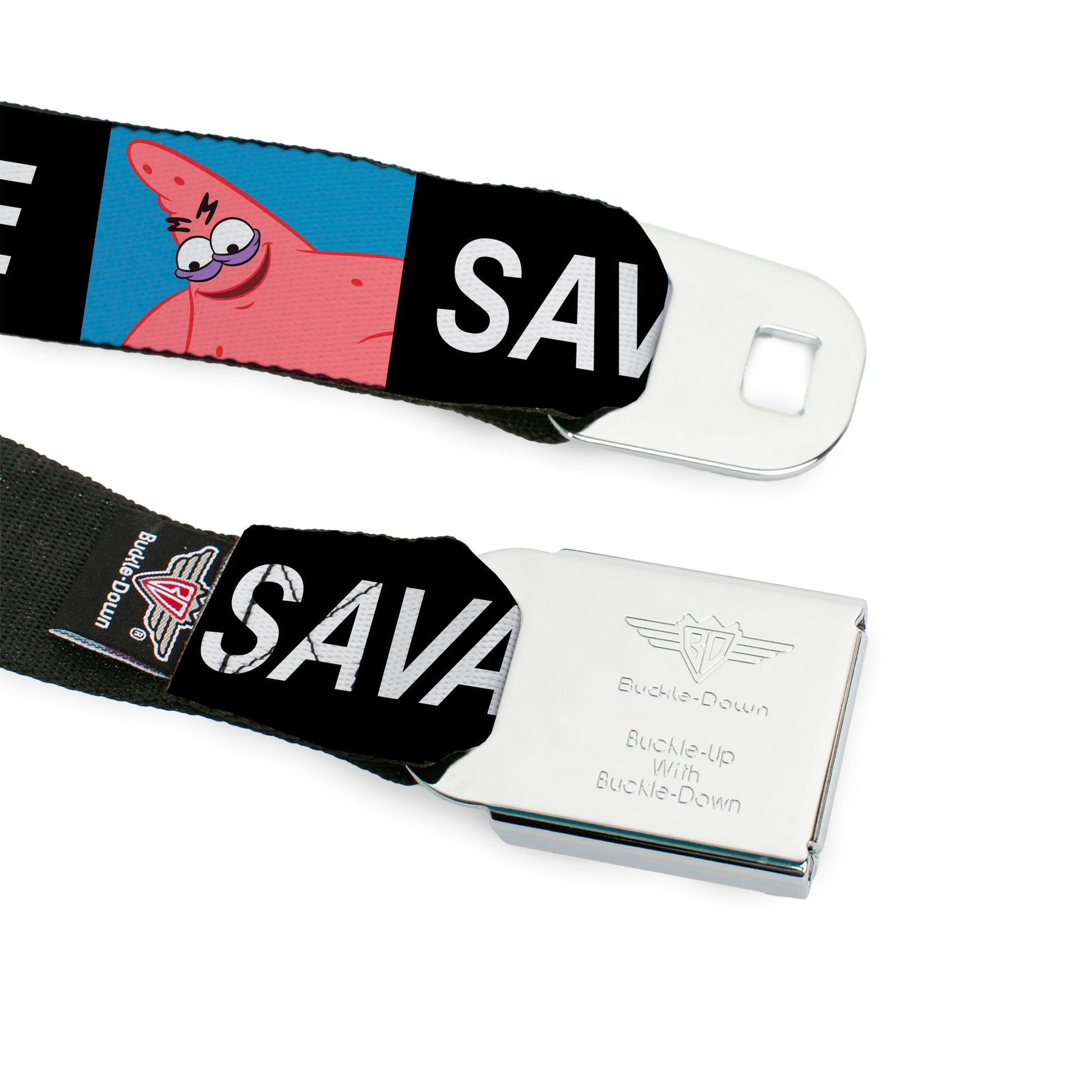 SpongeBob SquarePants Logo Full Color Black/Blues Seatbelt Belt - SpongeBob Patrick Star SAVAGE Pose Block Black/Blue Webbing Seatbelt Belts SpongeBob SquarePants