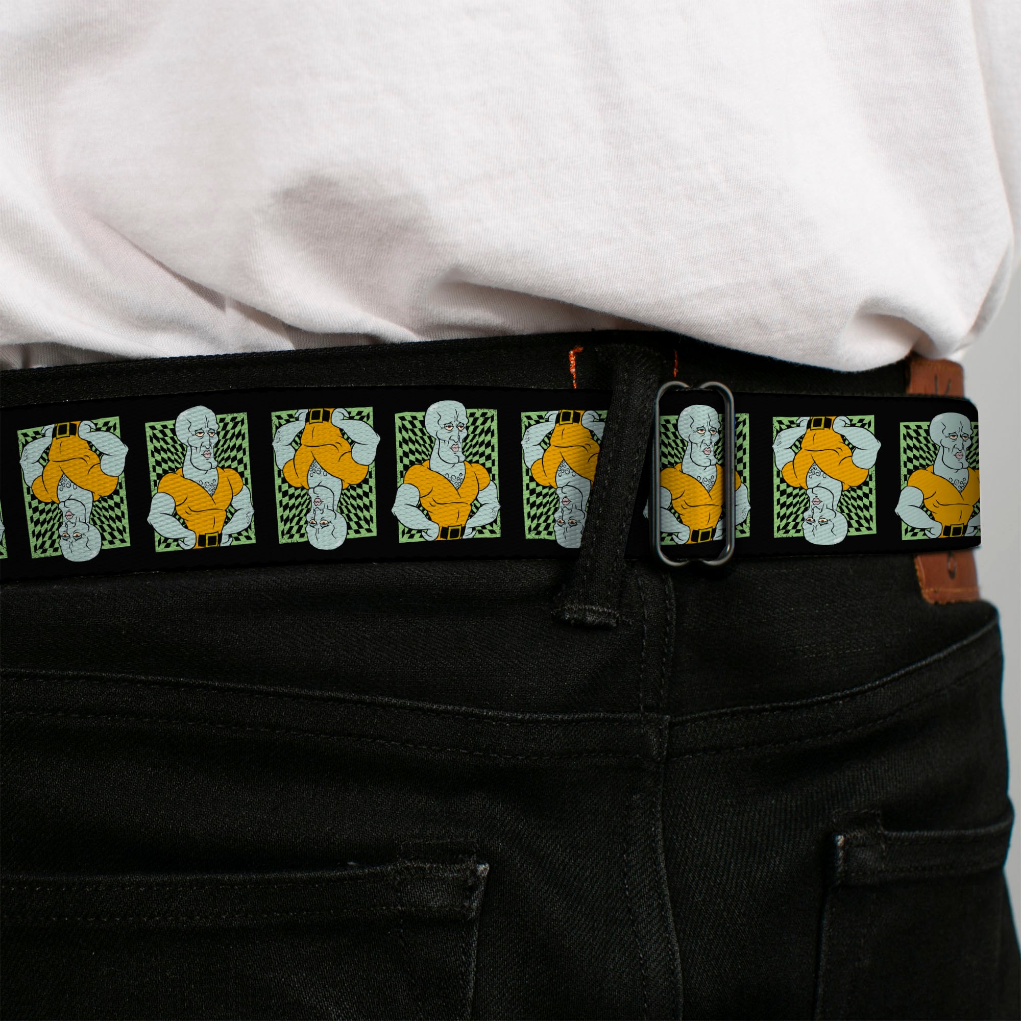 SpongeBob SquarePants Logo Full Color Black/Blues Seatbelt Belt - SpongeBob Handsome Squidward Pose Blocks Flip Black/Green Webbing Seatbelt Belts SpongeBob SquarePants