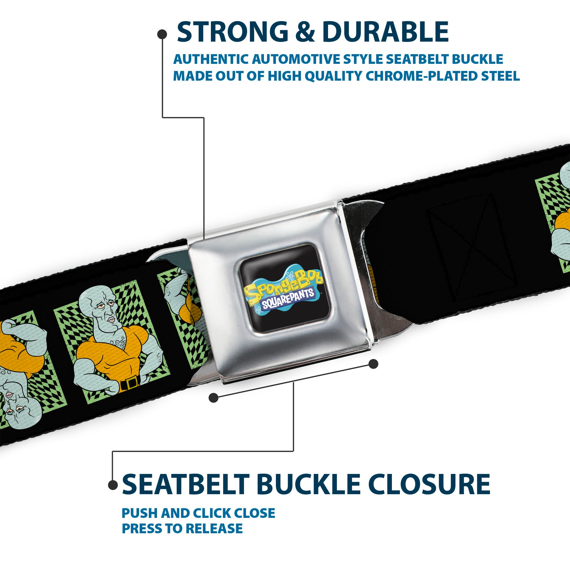 SpongeBob SquarePants Logo Full Color Black/Blues Seatbelt Belt - SpongeBob Handsome Squidward Pose Blocks Flip Black/Green Webbing Seatbelt Belts SpongeBob SquarePants
