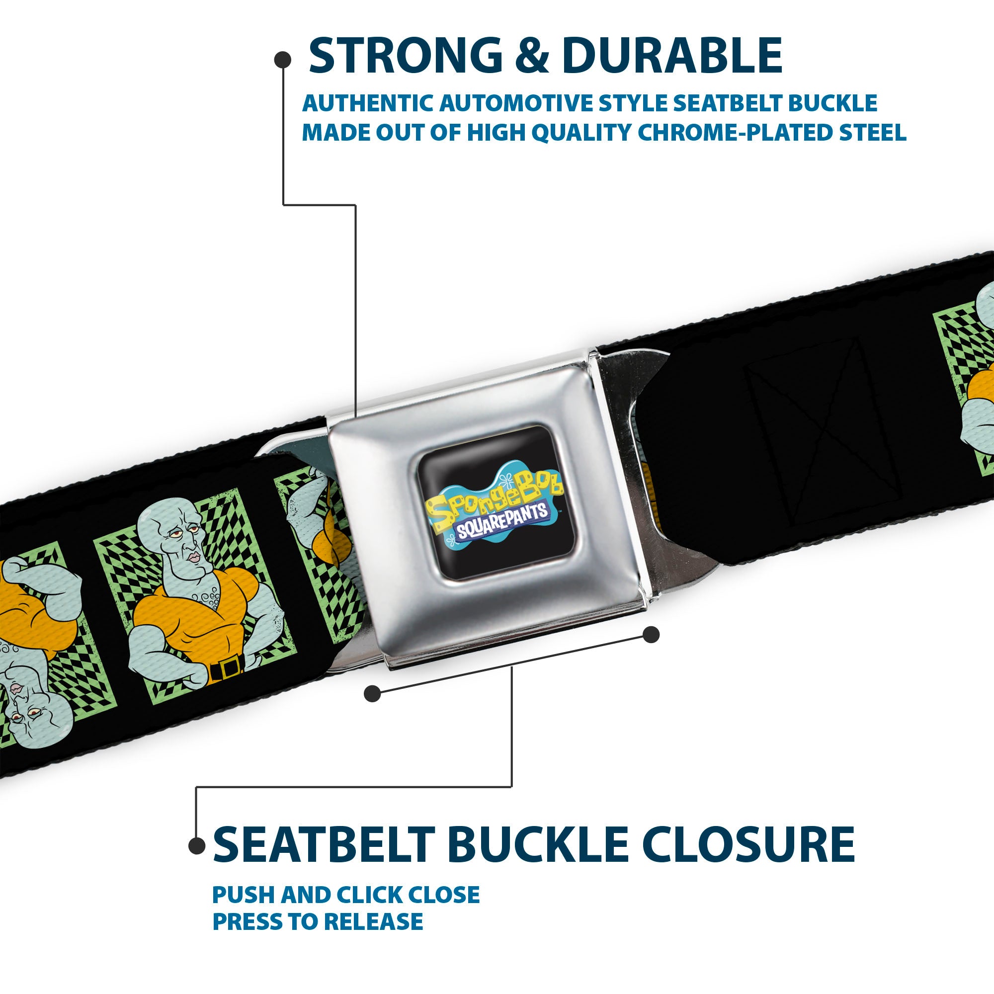 SpongeBob SquarePants Logo Full Color Black/Blues Seatbelt Belt - SpongeBob Handsome Squidward Pose Blocks Flip Black/Green Webbing Seatbelt Belts SpongeBob SquarePants