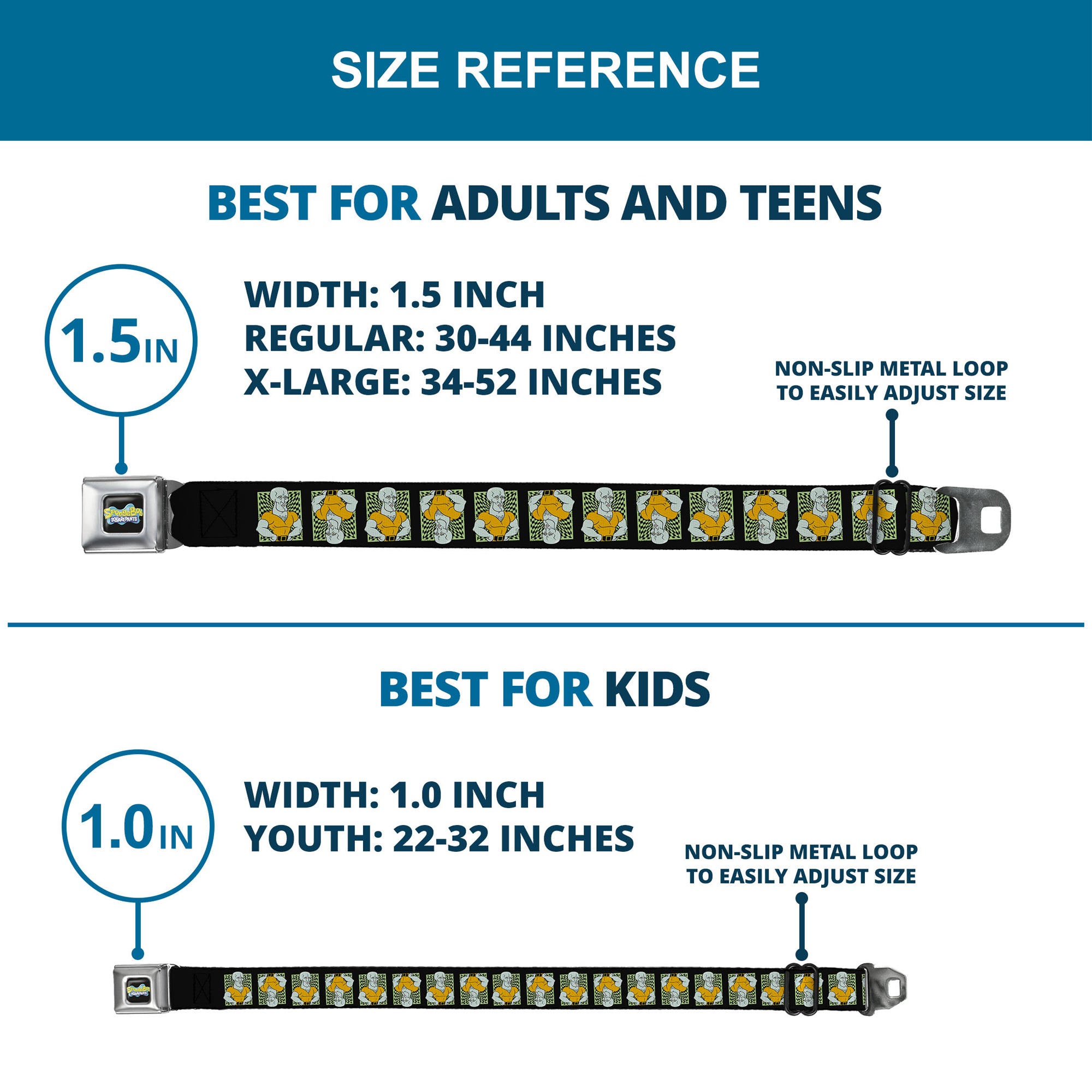 SpongeBob SquarePants Logo Full Color Black/Blues Seatbelt Belt - SpongeBob Handsome Squidward Pose Blocks Flip Black/Green Webbing Seatbelt Belts SpongeBob SquarePants