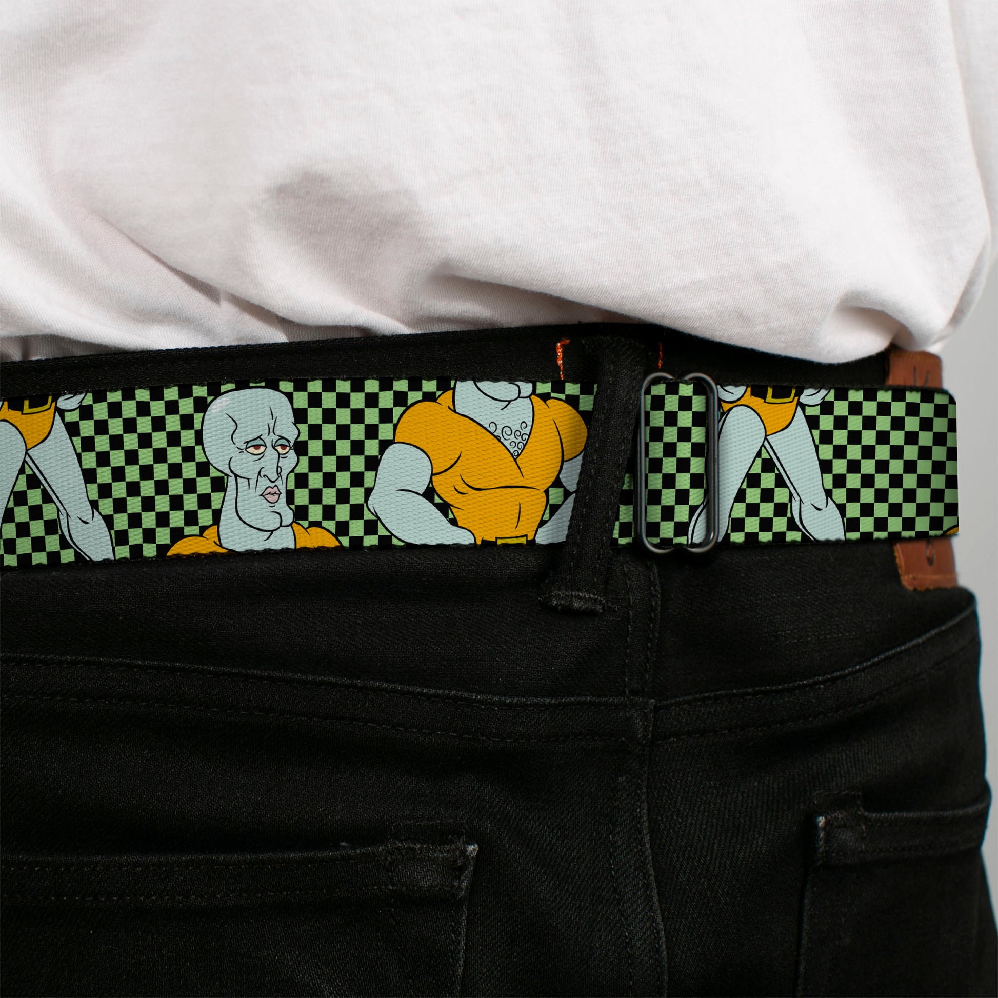SpongeBob SquarePants Logo Full Color Black/Blues Seatbelt Belt - SpongeBob Handsome Squidward Pose Checker Black/Green Webbing Seatbelt Belts SpongeBob SquarePants
