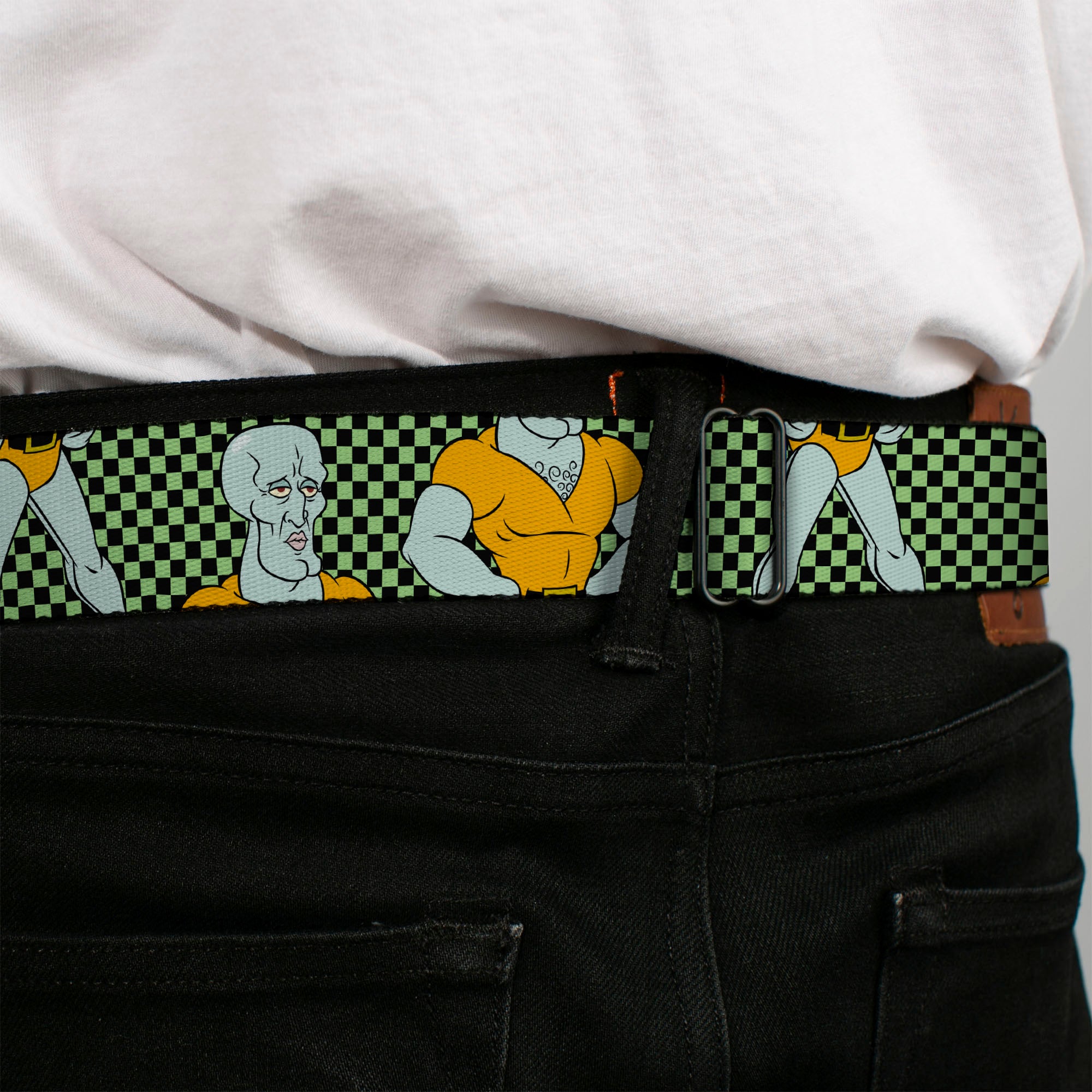SpongeBob SquarePants Logo Full Color Black/Blues Seatbelt Belt - SpongeBob Handsome Squidward Pose Checker Black/Green Webbing Seatbelt Belts SpongeBob SquarePants