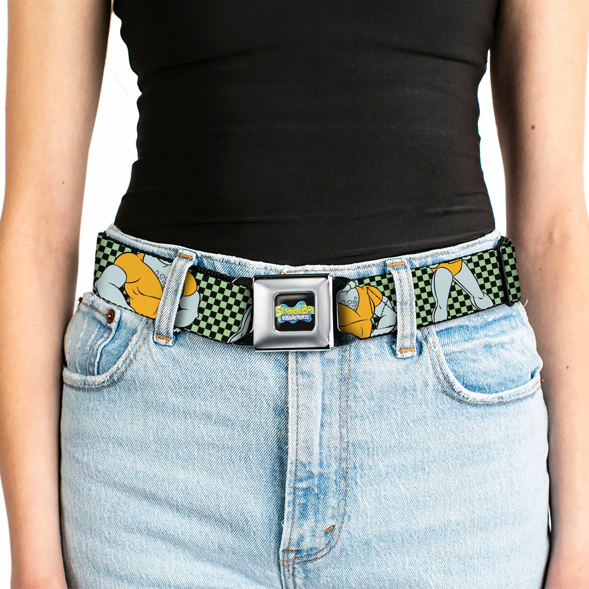 SpongeBob SquarePants Logo Full Color Black/Blues Seatbelt Belt - SpongeBob Handsome Squidward Pose Checker Black/Green Webbing Seatbelt Belts SpongeBob SquarePants
