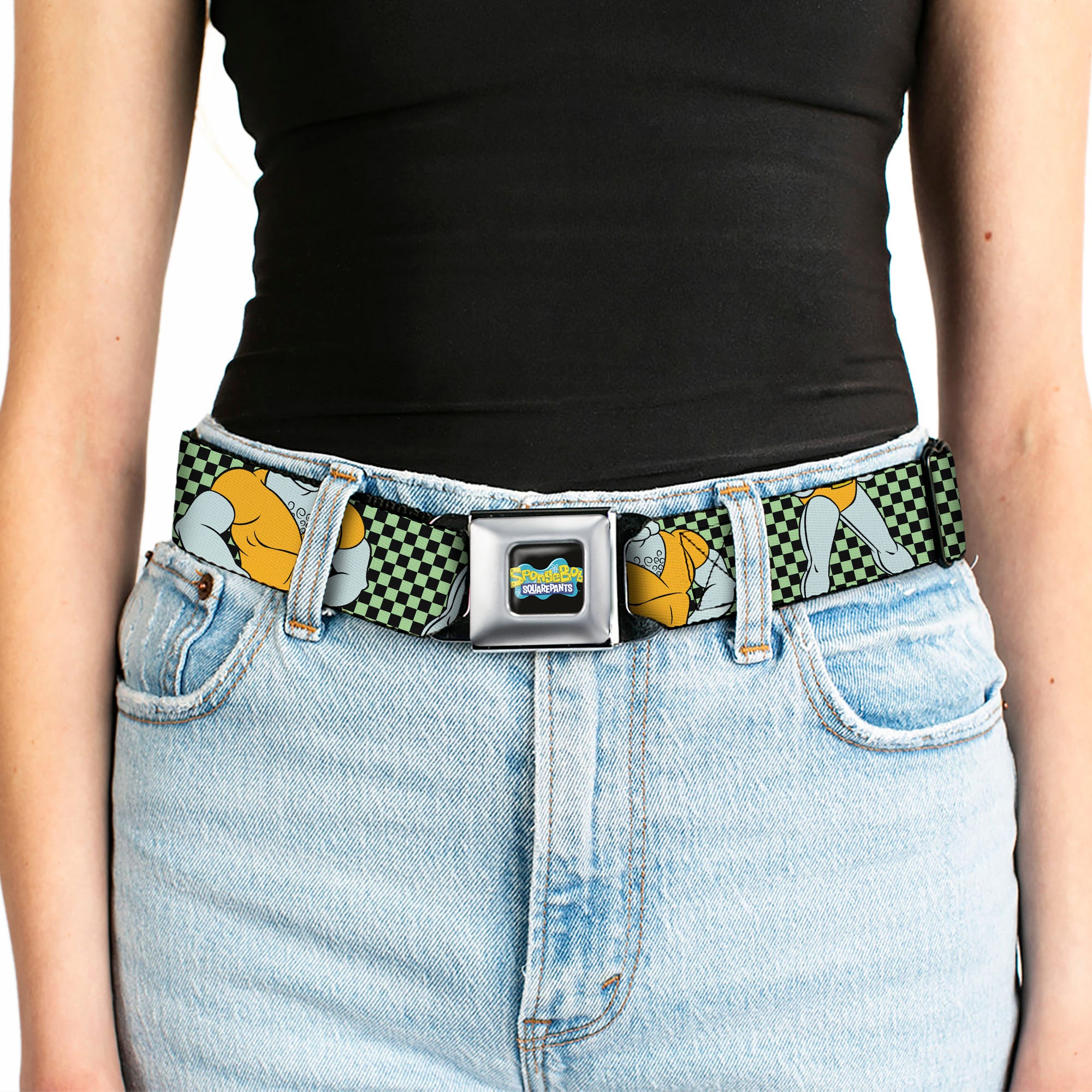 SpongeBob SquarePants Logo Full Color Black/Blues Seatbelt Belt - SpongeBob Handsome Squidward Pose Checker Black/Green Webbing Seatbelt Belts SpongeBob SquarePants