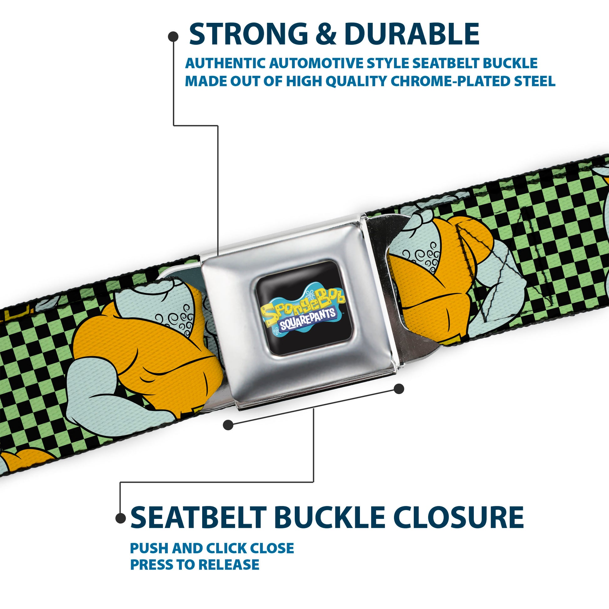 SpongeBob SquarePants Logo Full Color Black/Blues Seatbelt Belt - SpongeBob Handsome Squidward Pose Checker Black/Green Webbing Seatbelt Belts SpongeBob SquarePants