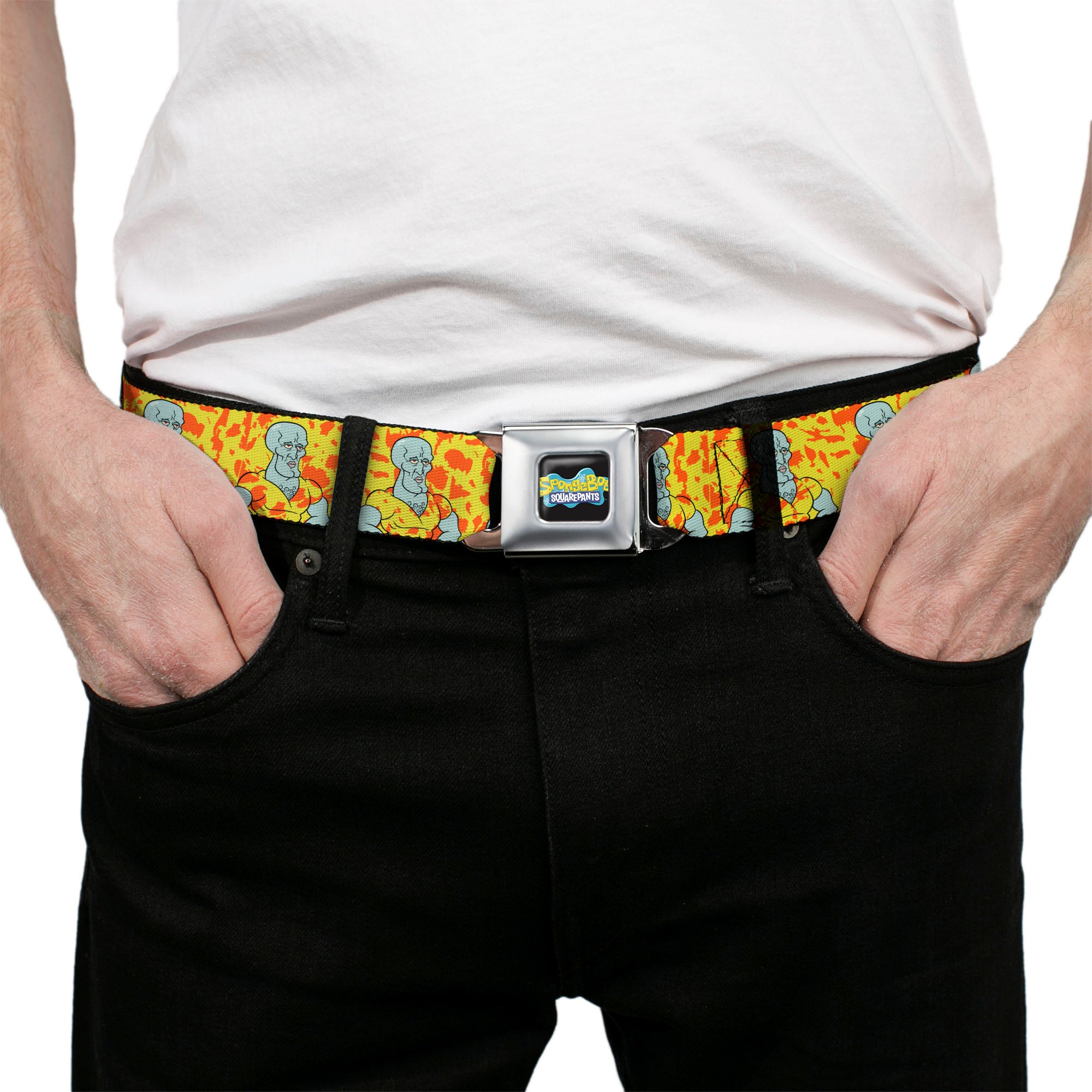 SpongeBob SquarePants Logo Full Color Black/Blues Seatbelt Belt - SpongeBob Handsome Squidward Pose Yellow/Orange Webbing Seatbelt Belts SpongeBob SquarePants