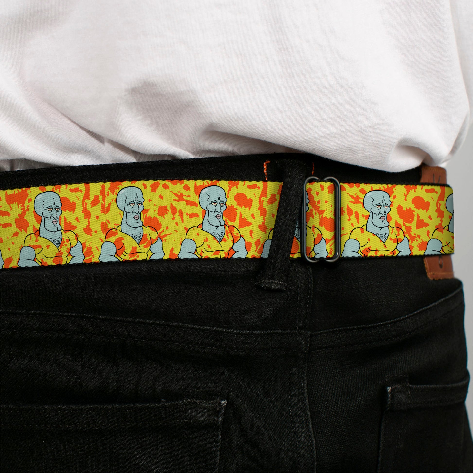 SpongeBob SquarePants Logo Full Color Black/Blues Seatbelt Belt - SpongeBob Handsome Squidward Pose Yellow/Orange Webbing Seatbelt Belts SpongeBob SquarePants