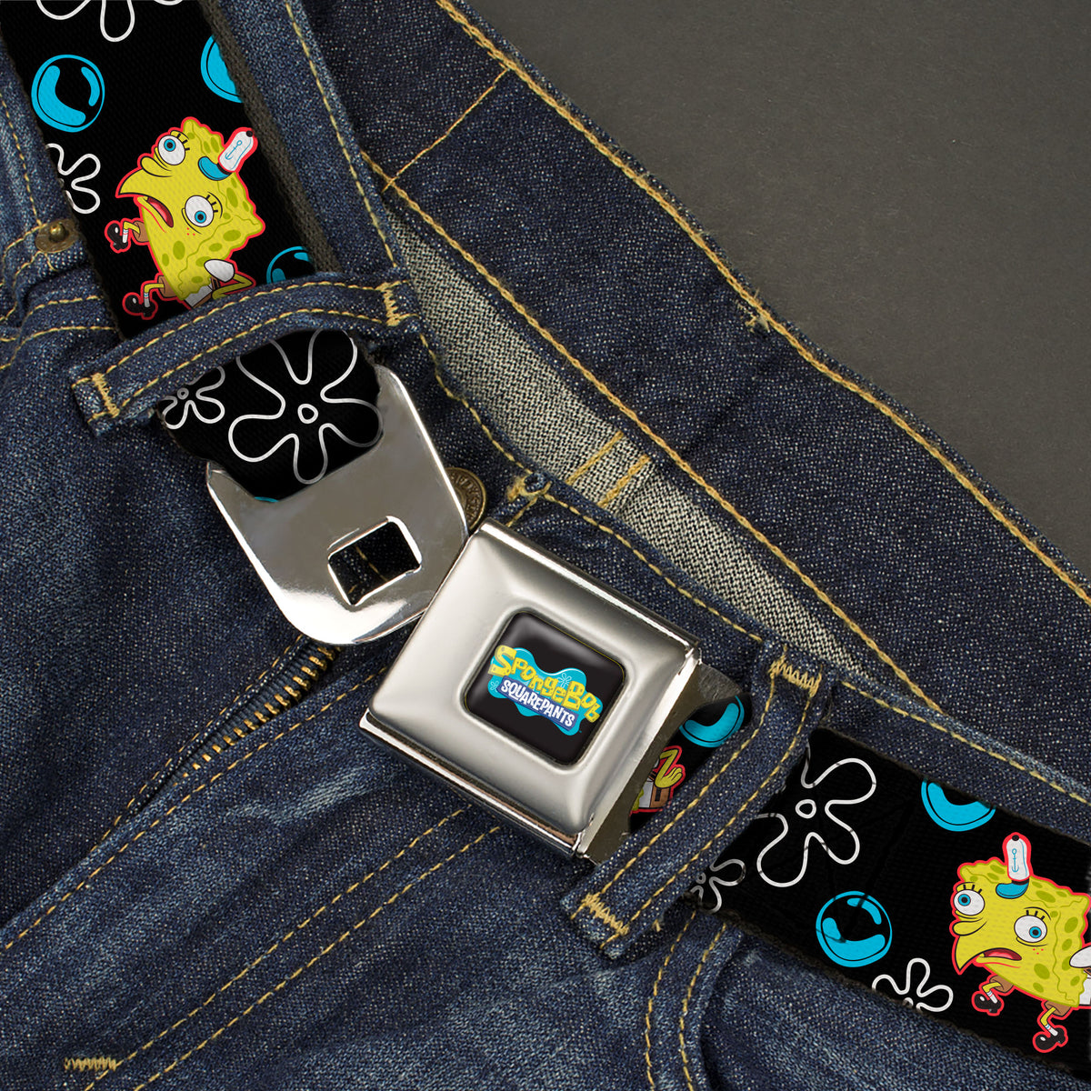 SpongeBob SquarePants Logo Full Color Black/Blues Seatbelt Belt - Mocking SpongeBob SquarePants Pose and Flowers Black Webbing